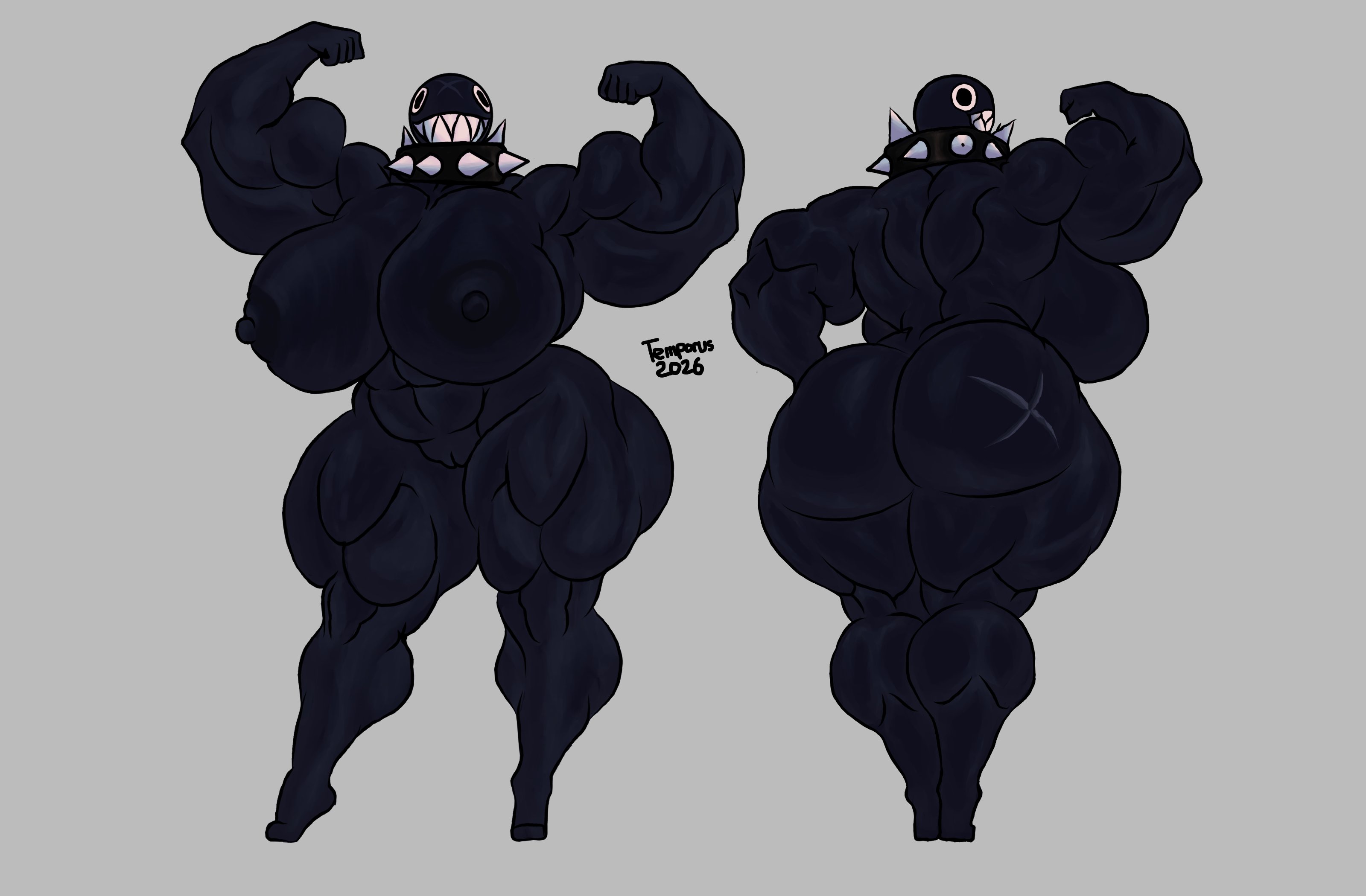 anthro, areola, ass, belly, big breasts, big butt, black body, breast grab, breast squish, breasts, breasts bigger than head, chain chomp, chains, cordian44, female, flexing, gigi (thecoatl034), glistening, glistening body, huge breasts, huge butt, huge hips, huge thighs, hyper, hyper breasts, mario (series), nintendo, nipple chain, nipple piercing, nipples, open mouth, piercing, rear view, solo, squish, thick thighs, wide hips