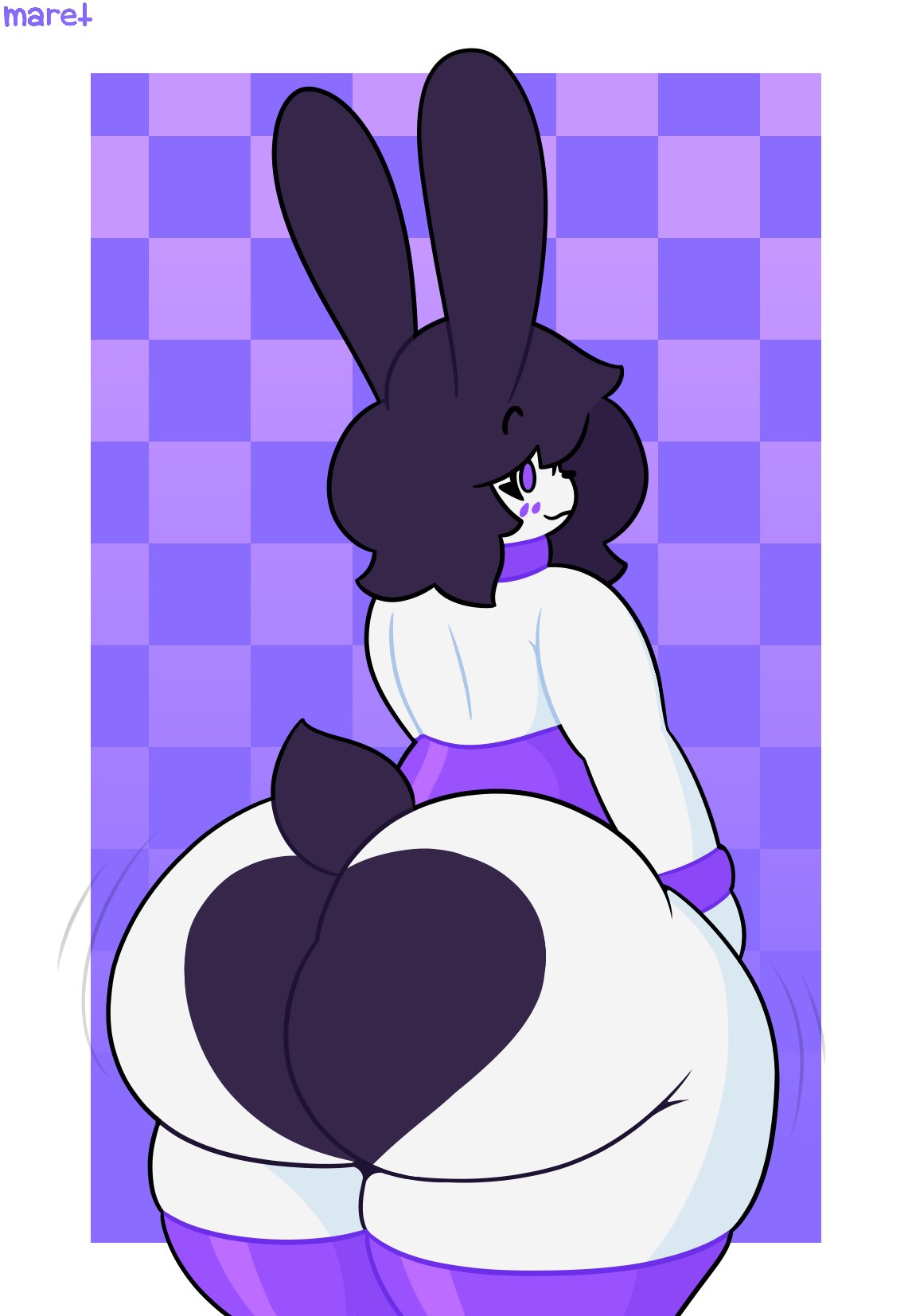 :3, 2023, 2d, abstract background, ass focus, big ass, black hair, bubble butt, bunny boy, bunny ears, dat ass, doughy ass, dumptruck ass, evilfiendish, femboy, huge ass, lagomorph, mare (evilfiendish), massive ass, massive thighs, purple eyes, rabbit, rabbit boy, shiny clothes, skin tight, smile, thick thighs, tight clothing, wobbling ass