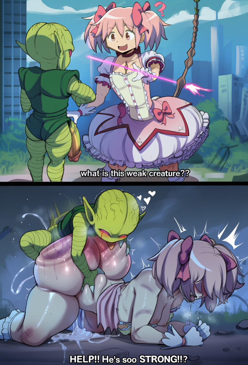 1girl, 1girls, ai generated, ass, backshots, beaten, bruise, bruised, clapping ass, clapping cheeks, crossover, cum, cum in pussy, defeated, dominant male, domination, dragon ball, female, fucked from behind, fucked into submission, fucked senseless, huge ass, instant loss, instant loss 2koma, interspecies, madoka kaname, magical girl, mahou shoujo madoka magica, raped, raped by monster, saibaman, size difference, tag the damn gender, text, torn clothes