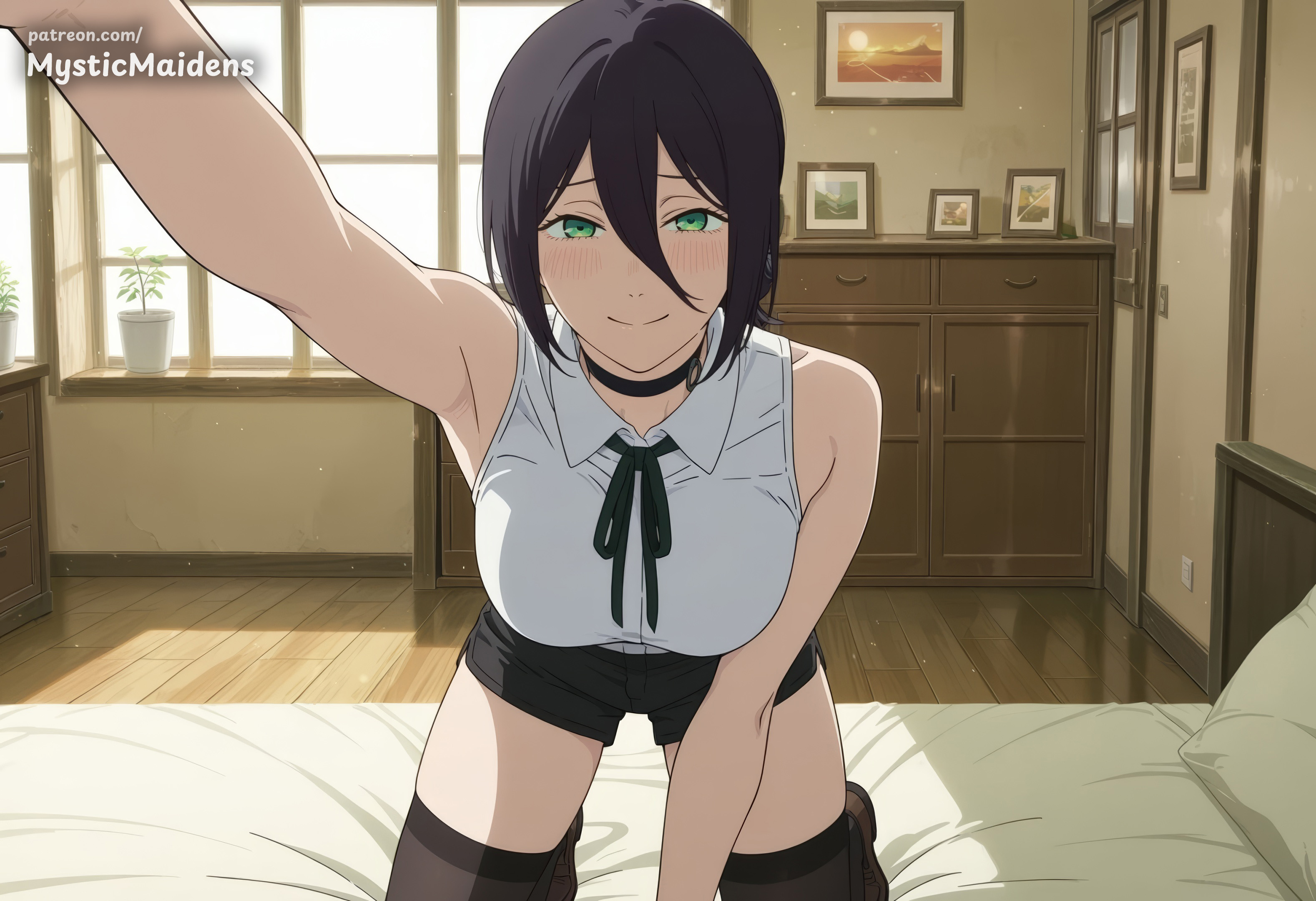 ai generated, all fours, anime, anime style, arm up, armpits, bare shoulders, bed, bed sheet, bedroom, black choker, black hair, black ribbon, black shorts, black thighhighs, blush, breasts, chainsaw man, choker, closed mouth, collared shirt, female, green eyes, hair between eyes, hair bun, hentai, hi res, indoors, large breasts, looking at viewer, medium breasts, mystic maidens, neck ribbon, on bed, patreon, patreon username, pillow, plant, potted plant, reze (chainsaw man), ribbon, shirt, short hair, short shorts, shorts, sleeveless, sleeveless shirt, smile, solo, thighhighs, white shirt, window