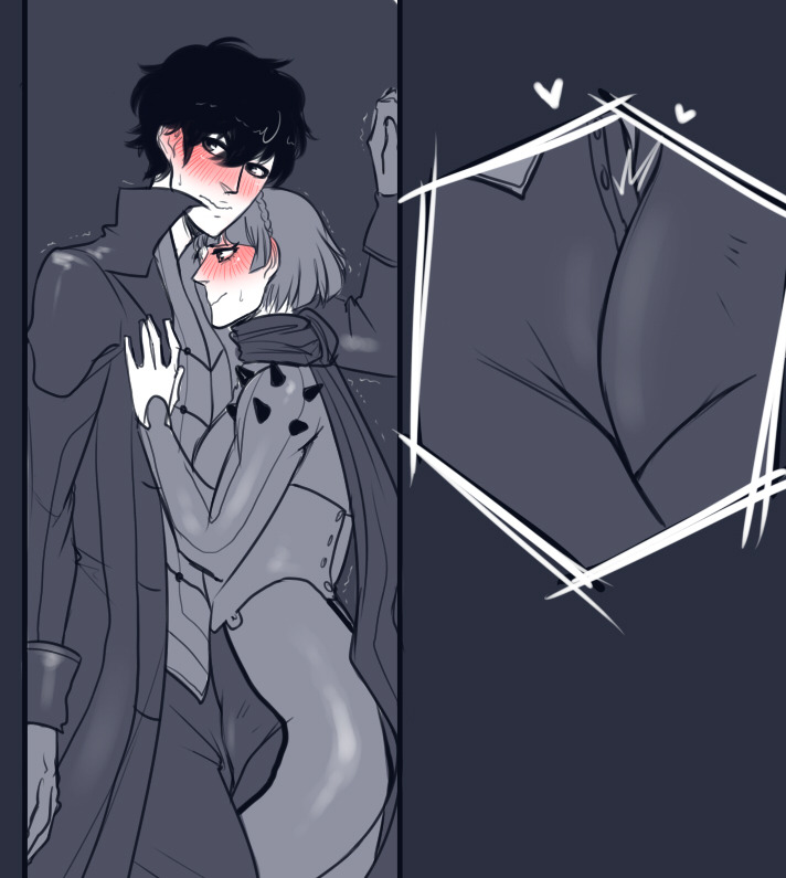 1boy, 1futa, atlus, balls, balls bulge, balls under clothes, bangs, blush, breasts, brown hair, bulge, clothed, clothing, embarrassed, fringe, frottage, futa sans pussy, futa with male, futanari, human, intersex, joker (persona), makoto niijima, makoto niijima (queen), male, megami tensei, pale skin, penis, penis bulge, penis under clothes, penises touching, persona, persona 5, phantom thief suit, ren amamiya, sega, shin megami tensei, shoulder spikes, small breasts, stopitkel, sweat, tight clothing