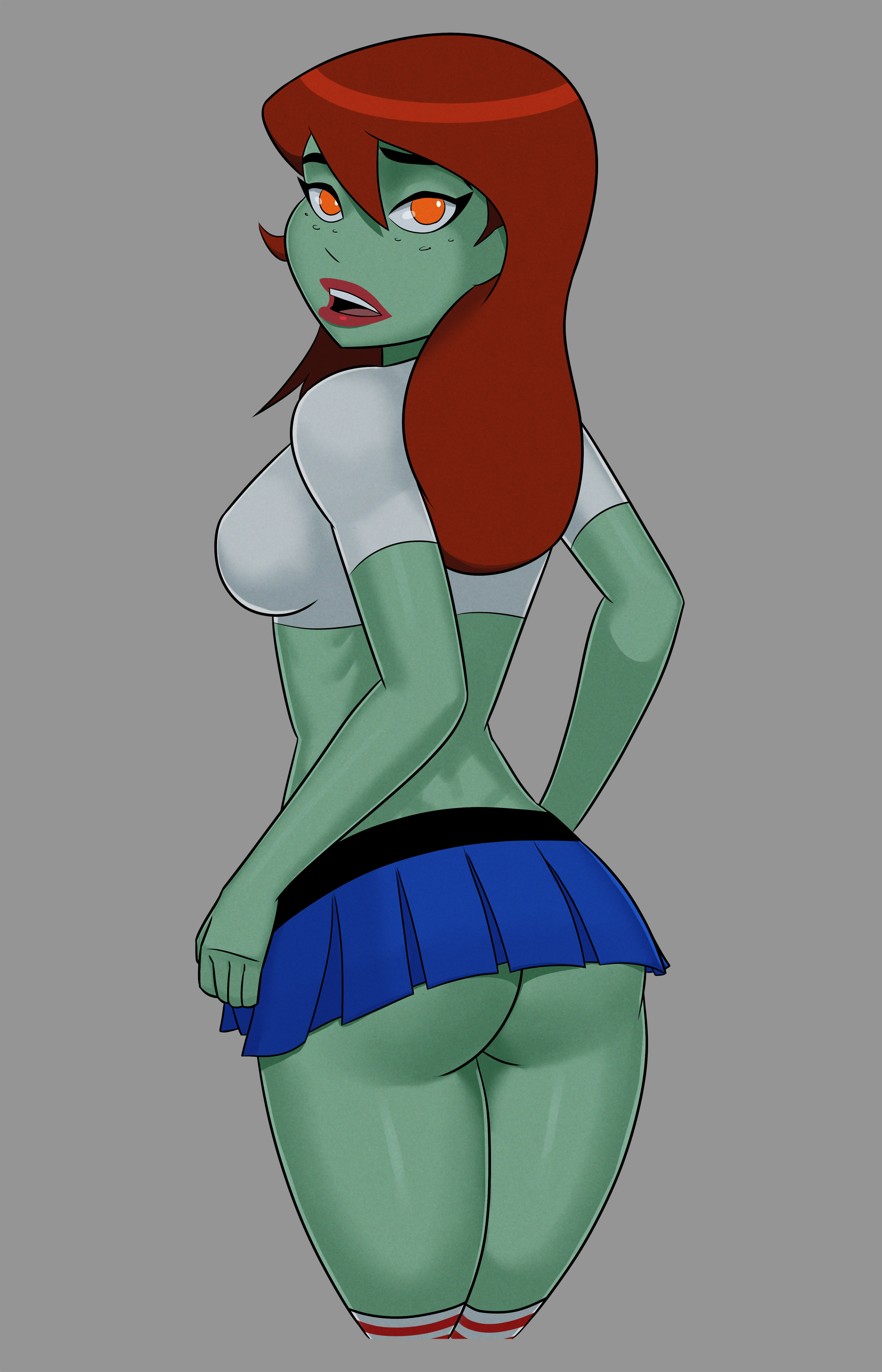 1girls, alien, alien girl, ass, backside, bottomless, dc, dc comics, dcau, female, female only, freckles, green skin, long hair, long socks, looking at viewer, medium ass, miss martian, open mouth, orange eyes, red hair, redhead, sci-fi, science fiction, scifi, shirt, skirt, solo, solo female, standing, sunsetriders7, young justice