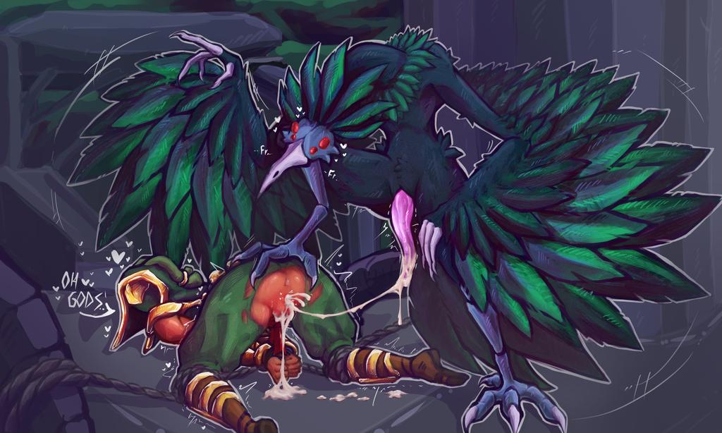 1boy, 1girls, 2026, after sex, after vaginal, alloy vulture, avian, avian humanoid, beak, claws, commission, cum, cum drip, cum in pussy, cum inside, dialogue, doggy style, excessive cum, feathered wings, feathers, female, furry, green body, green clothing, green fur, green skin, helmet, human, interspecies, kandyktor, looking back, male, mask, masked female, monk, monster, monster on female, multi eye, red eyes, ripped clothing, risk of rain, risk of rain 2, seeker (risk of rain), sex, temple, vulture, wings
