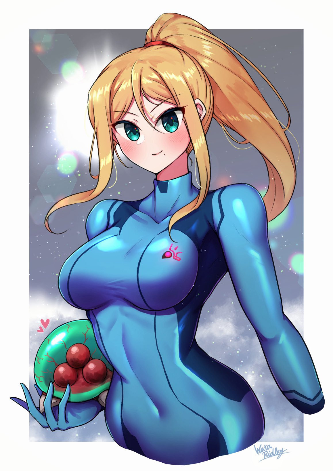 1girls, artist name, blonde hair, blue bodysuit, blush, blush lines, blushing, bodysuit, border, breasts, closed mouth, commentary request, cowboy shot, cropped torso, female, fully clothed, green eyes, grey background, hair up, hair upwakaba (wata ridley), heart, high ponytail, highres, long hair, medium breasts, metroid, metroid (creature), metroid larva, mole, mole under mouth, navel visible through clothes, nintendo, ponytail, revision, samus aran, shiny clothes, sidelocks, simple background, smile, solo focus, tight clothing, wata ridley, watermark, white border, zero suit, zero suit samus