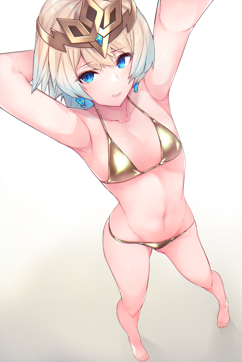 armpits arms_up bikini blonde_hair blue_eyes blue_hair blush earrings fire_emblem fire_emblem_heroes fjorm_(fire_emblem) flat_chest looking_at_viewer messatsu_tan short_hair smile tiara