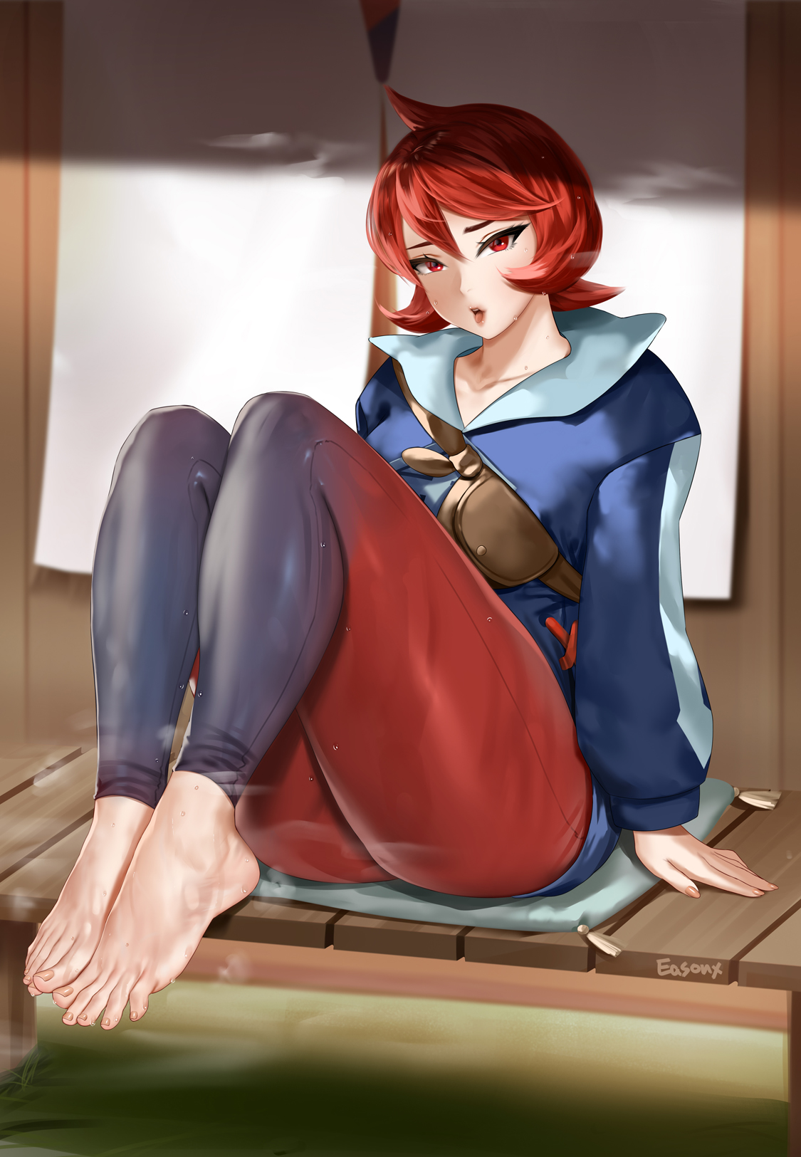 1girls, arezu (pokemon), barefoot, easonx, feet, female, female only, foot focus, hair between eyes, highres, legs together, looking at viewer, medium hair, nintendo, parted lips, pokemon, pokemon legends: arceus, red eyes, red hair, solo, steam, sweat, thighs, toes, wooden floor