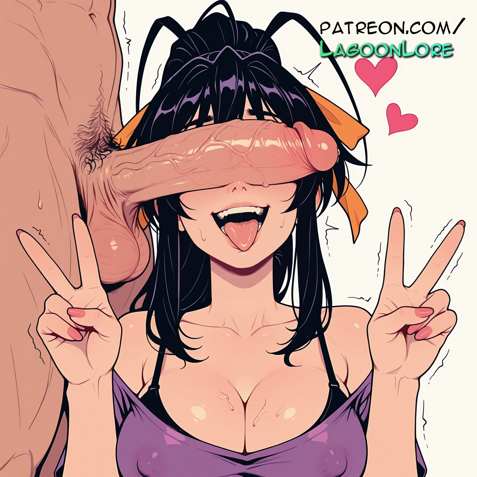 1boy, ai generated, akeno himejima, aqua nails, artist name, big breasts, big chest, black nails, blue nails, breasts, bust, busty, chest, cleavage, clothed female nude male, cock, covered nipples, cum, dick, double v, double w, erection, female, fingernails, green nails, heart, hi res, high school dxd, highres, lagoonlore, large breasts, large penis, long fingernails, long hair, male pubic hair, multicolored nails, nail polish, open mouth, orange nails, patreon, patreon username, penis, penis awe, penis on face, pink nails, precum, pubic hair, purple nails, red nails, sharp fingernails, solo focus, straight, testicles, tongue, trembling, twitching penis, uncensored, v, w, watermark, yellow nails