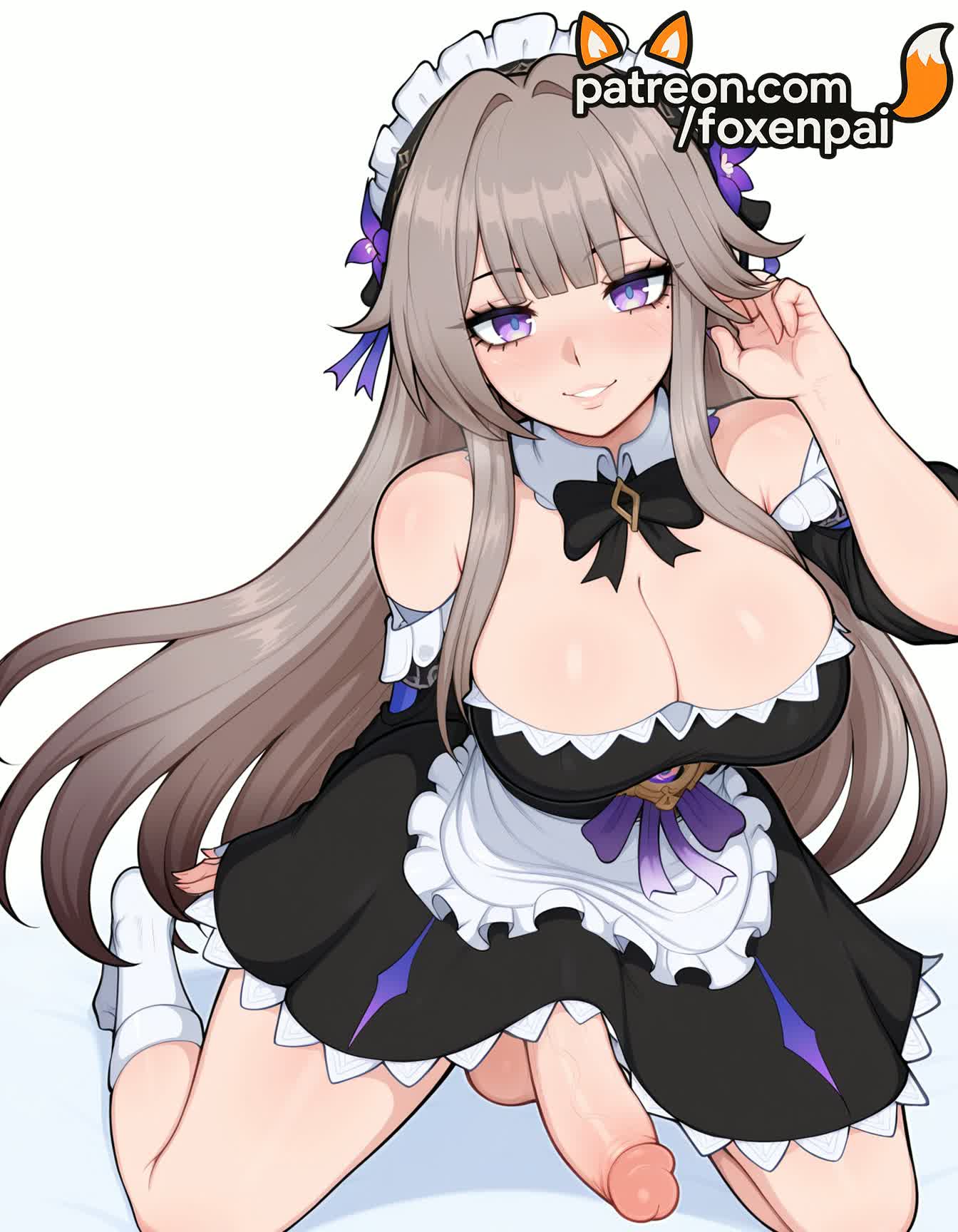 1futa, 2026, ai generated, apron, artist name, bangs, big breasts, big chest, black dress, breasts, brown hair, bust, busty, chest, cleavage, cock, dick, dress, enmaided, erection, eyebrows visible through hair, foxenpai, frilled apron, futanari, herta (honkai: star rail), hi res, high quality, high resolution, highres, honkai (series), honkai: star rail, large breasts, long hair, maid, maid apron, maid headdress, otoko no ko, patreon, patreon username, penis, precum, purple eyes, smile, solo, stable diffusion, testicles, the herta (honkai: star rail), uncensored, waist apron, watermark, white apron, white legwear