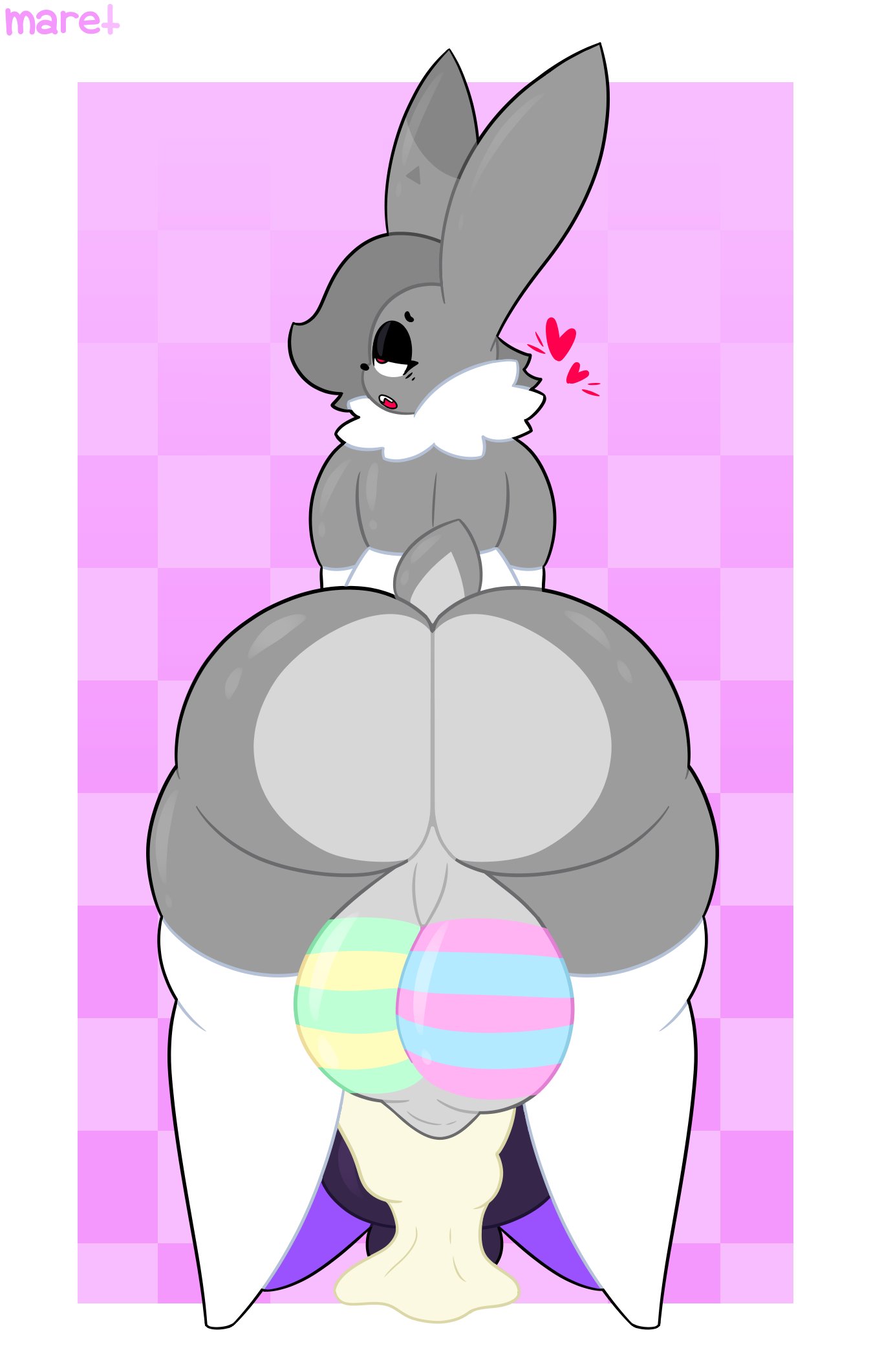 2023, 2d, abstract background, all the way to the base, anthro, ass focus, balls deep, big ass, big balls, black hair, bodypaint, bubble butt, bunny, bunny boy, bunny ears, couple, cum, cum in mouth, cum in throat, cum inside, cum overflow, dat ass, deepthroat, dumptruck ass, easter, easter egg, evilfiendish, excessive cum, fat balls, fellatio, femboy, flaccid, fur, furry, grey fur, hanging balls, hearts, heavy balls, heavy breathing, huge ass, huge balls, hyper balls, lagomorph, male only, mare (evilfiendish), massive ass, massive balls, massive thighs, nonbinary, oral creampie, orio (nonbinary bunny), painted balls, penis size difference, purple eyes, rabbit, rabbit boy, red eyes, scrotum flap, size difference, thick thighs, thighhighs, tight clothing