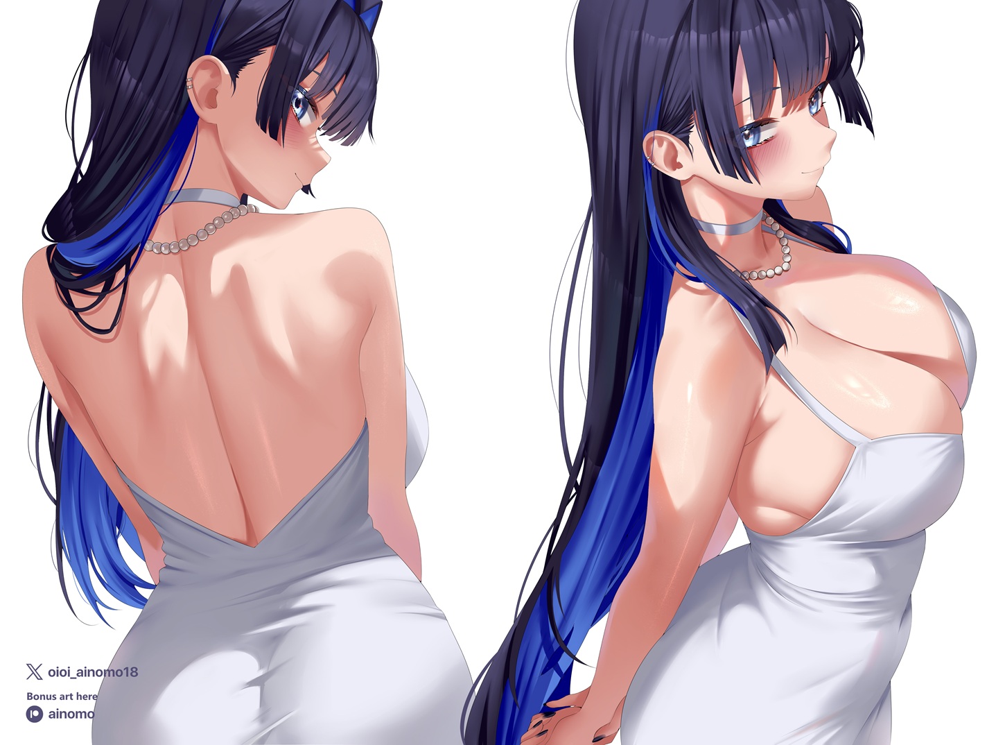 1girls, arms behind back, ass, back, bare shoulders, black hair, blue eyes, blue hair, blue nails, breasts, choker, closed mouth, colored inner hair, dress, earrings, female, female only, from behind, from side, hair intakes, hololive, hololive english, jewelry, large breasts, long hair, multicolored hair, multiple views, necklace, oioi ainomo, ouro kronii, own hands together, pearl necklace, simple background, smile, two-tone hair, upper body, very long hair, virtual youtuber, white background, white choker, white dress