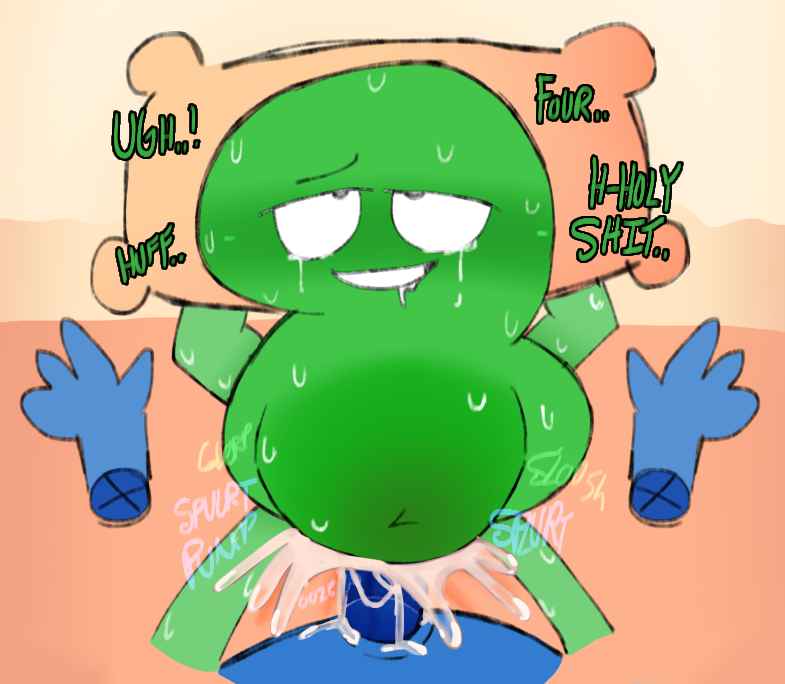 2d, algebralien, battle for bfdi, battle for dream island, bed, bedroom, bedroom sex, bfb, bfdi, blue body, blue skin, blush, color, colored, cum, cum inflation, cum inside, cumflation, dialogue, disembodied hands, drooling, english, english dialogue, english text, excessive cum, eyes rolling back, four (bfb), green body, green skin, inflation, liferuined2763, missionary position, moaning, object show, object shows, on bed, onomatopoeia, osc, penetration, penis, pillow, saliva, sex, sweat, sweatdrop, sweating, tearing up, tears, tears of pleasure, tentacle penis, text, the power of two, tpot, twitter link, two (tpot)