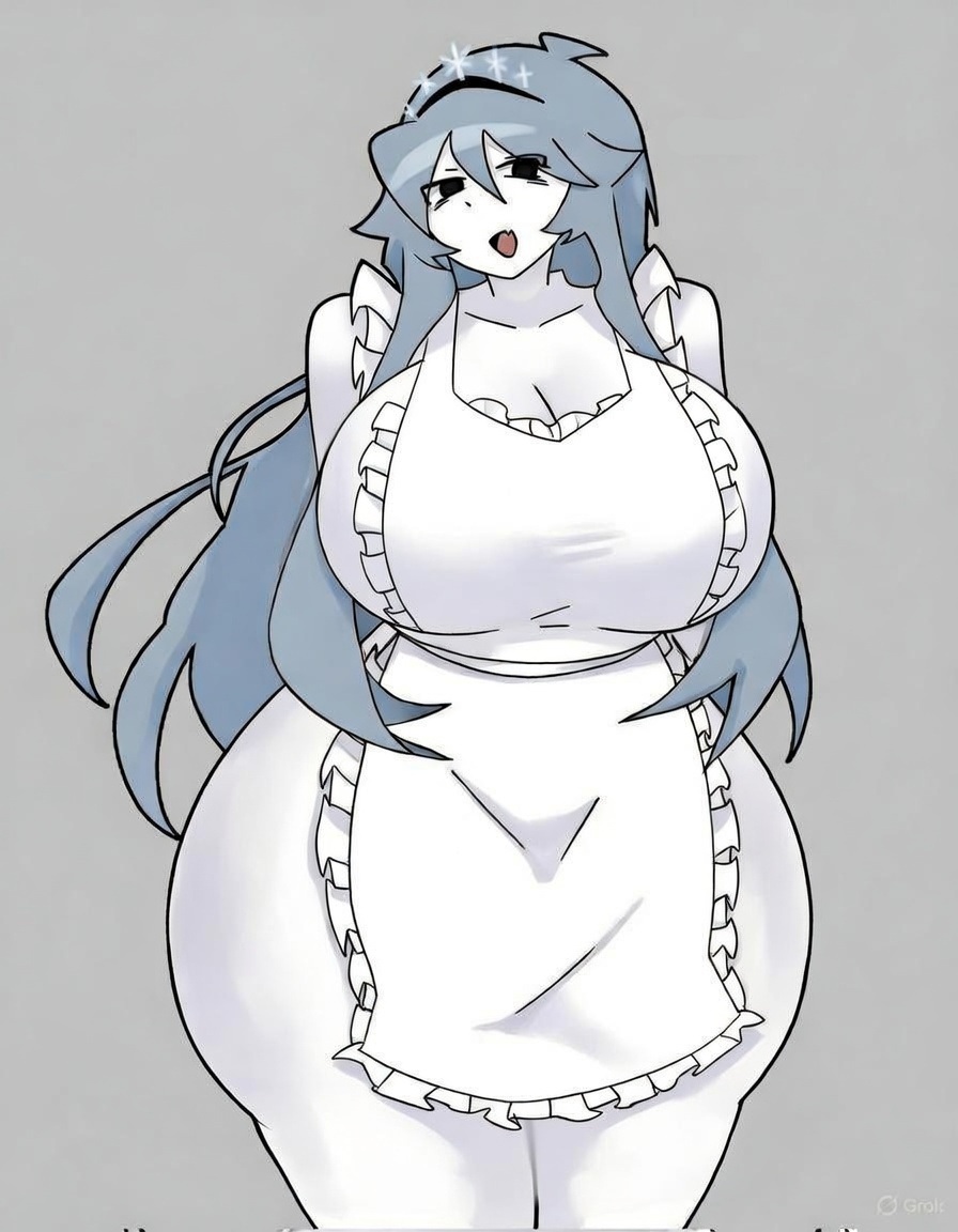 ai edit, ai generated, apron, cyan hair, dream game, eunoia, frozen soul, semi nude