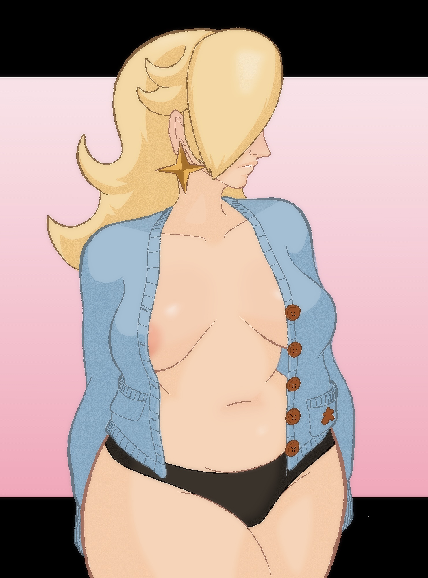 1girls, areola, areola slip, areolae, belly button, blonde hair, cardigan partially removed, cardinal (bird), collarbone, earring, gradient background, hair over one eye, hips, hips wider than shoulders, large breasts, milf, milf body, mommy, mrpumpernickel, navel, nintendo, nipple slip, nipples, open mouth, panties, partially clothed, princess rosalina, rosalina, super mario bros., super mario galaxy, super smash bros., voluptuous, voluptuous female, waist