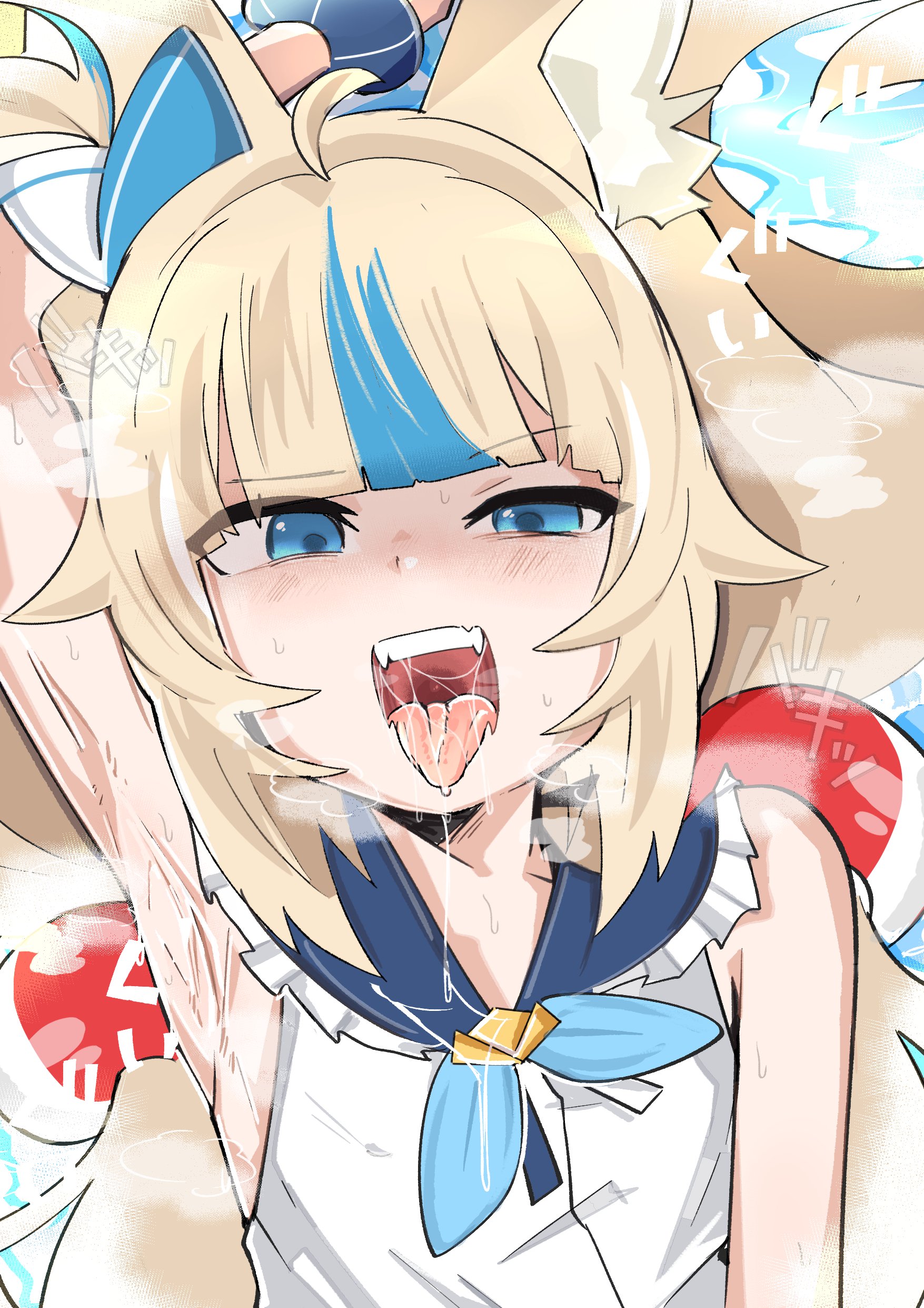 arm up, armpit, armpit fetish, blonde hair, cat ears, fangs, indie virtual youtuber, open mouth, sailor uniform, saliva, saliva string, sameko saba, shark girl, steam, sweat, tongue out, virtual youtuber, y2kqtz