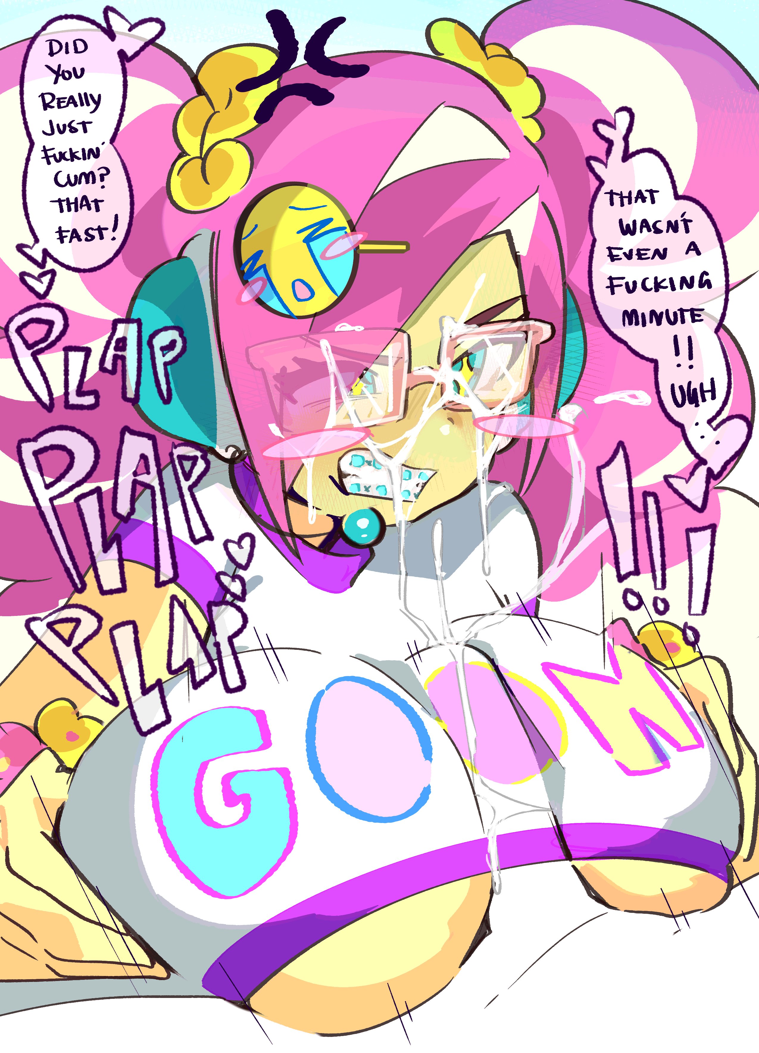 1boy, 1girls, angry vein, bimbo, braces, cum, cum on breasts, cum on face, cum on glasses, cum through clothes, english text, female, glasses, oc, original, original character, paizuri, paizuri under clothes, pink hair, qt-chan (y2kqtz), text, y2kqtz, yellow skin