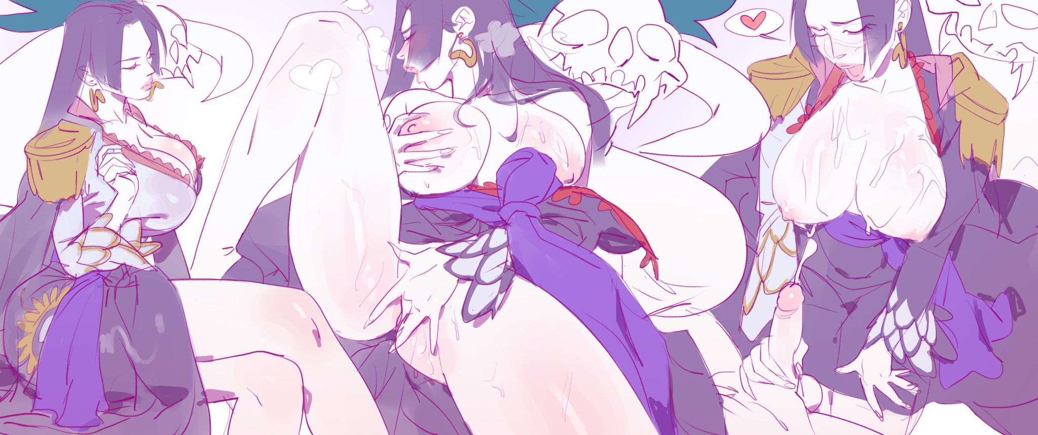 1girls, 2d, 2d (artwork), black hair, boa hancock, clothed, clothed female, cum on breasts, curvy, ear piercing, exposed breasts, female, female focus, fingering, fingering self, fingering while fondling, fondling, fondling breast, free form, heart, long hair, male, no panties, one piece, pleasure face, saigalisk, self fondle, sketch, skull, spread legs, steam, steamy breath, stroking penis, sweating
