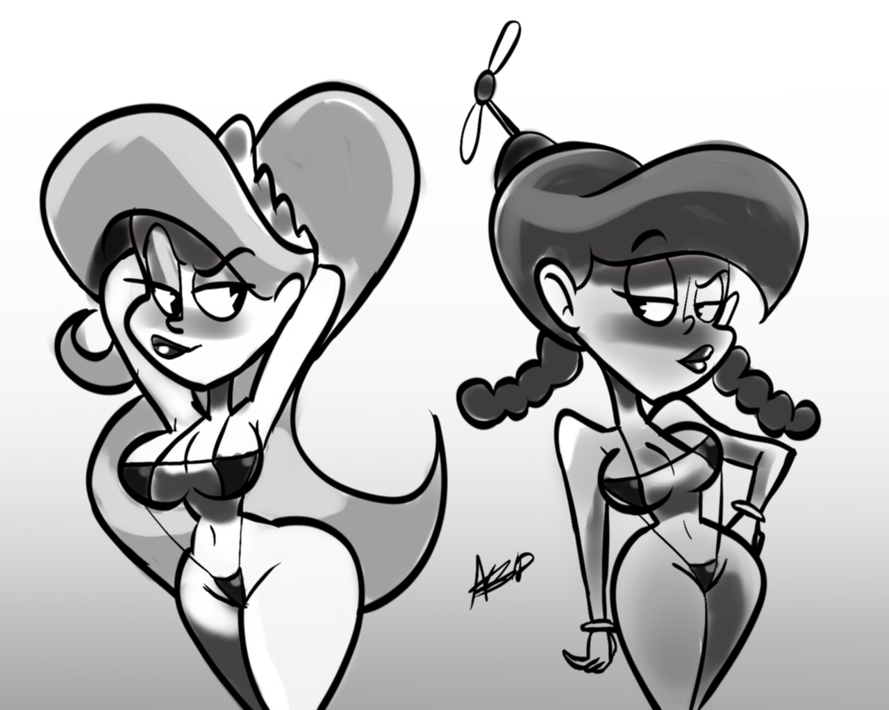 atomickingboo, aunt grandma, bikini, breasts, cartoon network, crossover, eris (billy and mandy), female, large breasts, monochrome, multiple females, priscilla jones, the grim adventures of billy and mandy, uncle grandpa