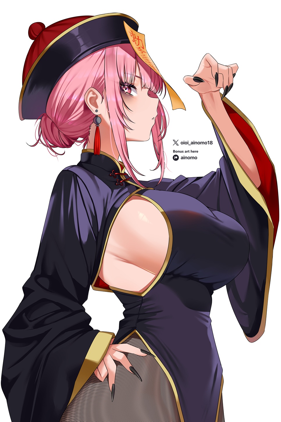 1girls, alternate costume, alternate hairstyle, black nails, breasts, china dress, chinese clothes, commentary, dress, female, female only, fingernails, hair bun, hat, highres, hololive, hololive english, jiangshi, large breasts, long fingernails, looking at viewer, mori calliope, nail polish, ofuda, oioi ainomo, pantyhose, parted lips, pink eyes, pink hair, purple dress, qingdai guanmao, short hair, simple background, solo, twitter username, twitter x logo, virtual youtuber, white background