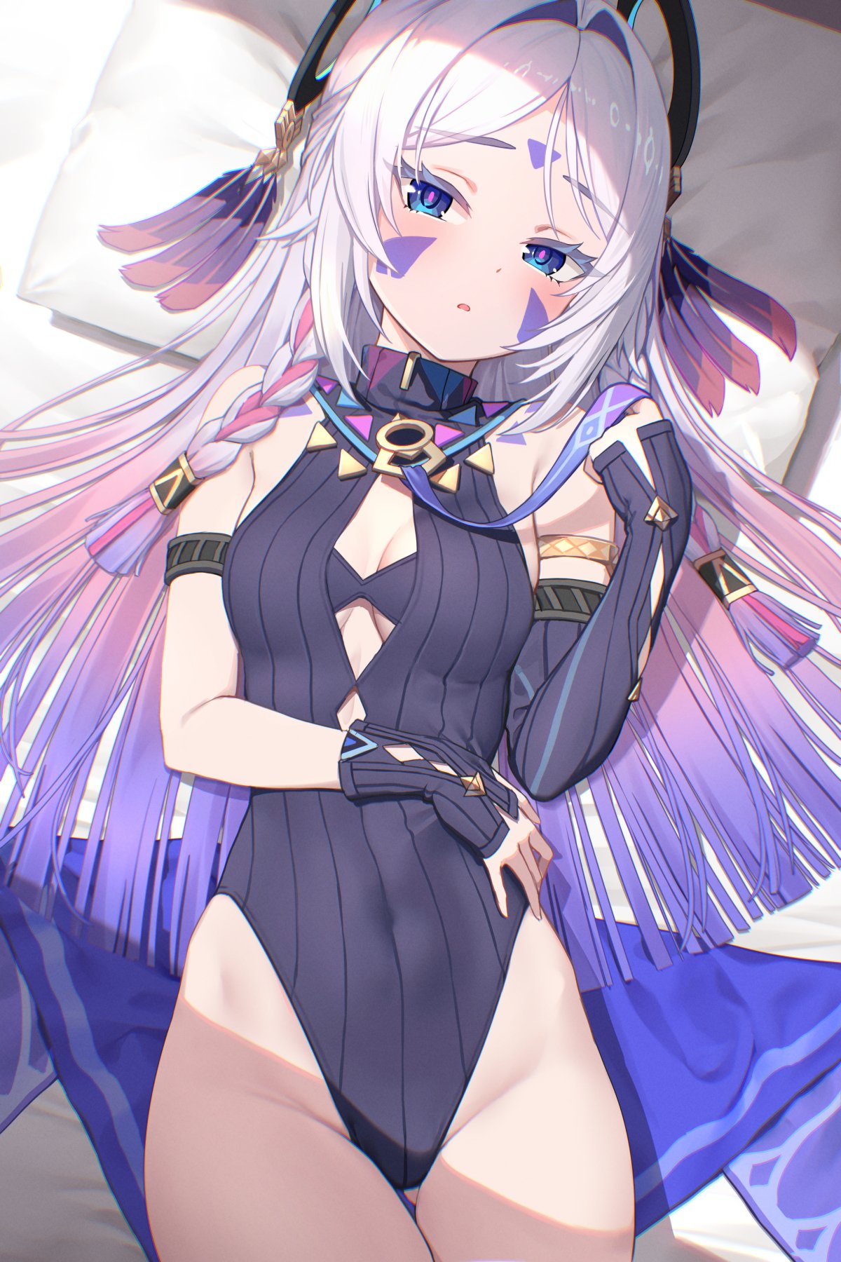 armlet, asymmetrical gloves, bare shoulders, black gloves, black leotard, blue eyes, blush, braid, breasts, citlali (genshin impact), cleavage cutout, clothing cutout, covered navel, facial mark, female, female only, fingerless gloves, floating headgear, forehead mark, genshin impact, gloves, gradient hair, hair intakes, hashtag-only commentary, headgear, heattech leotard, highres, jewelry, kapa draws, leotard, long hair, looking at viewer, lying, medium breasts, multicolored hair, on back, on bed, open mouth, parted bangs, pillow, pink hair, pink pupils, purple hair, ribbed leotard, solo, triangle, triangle facial mark, turtleneck, uneven gloves
