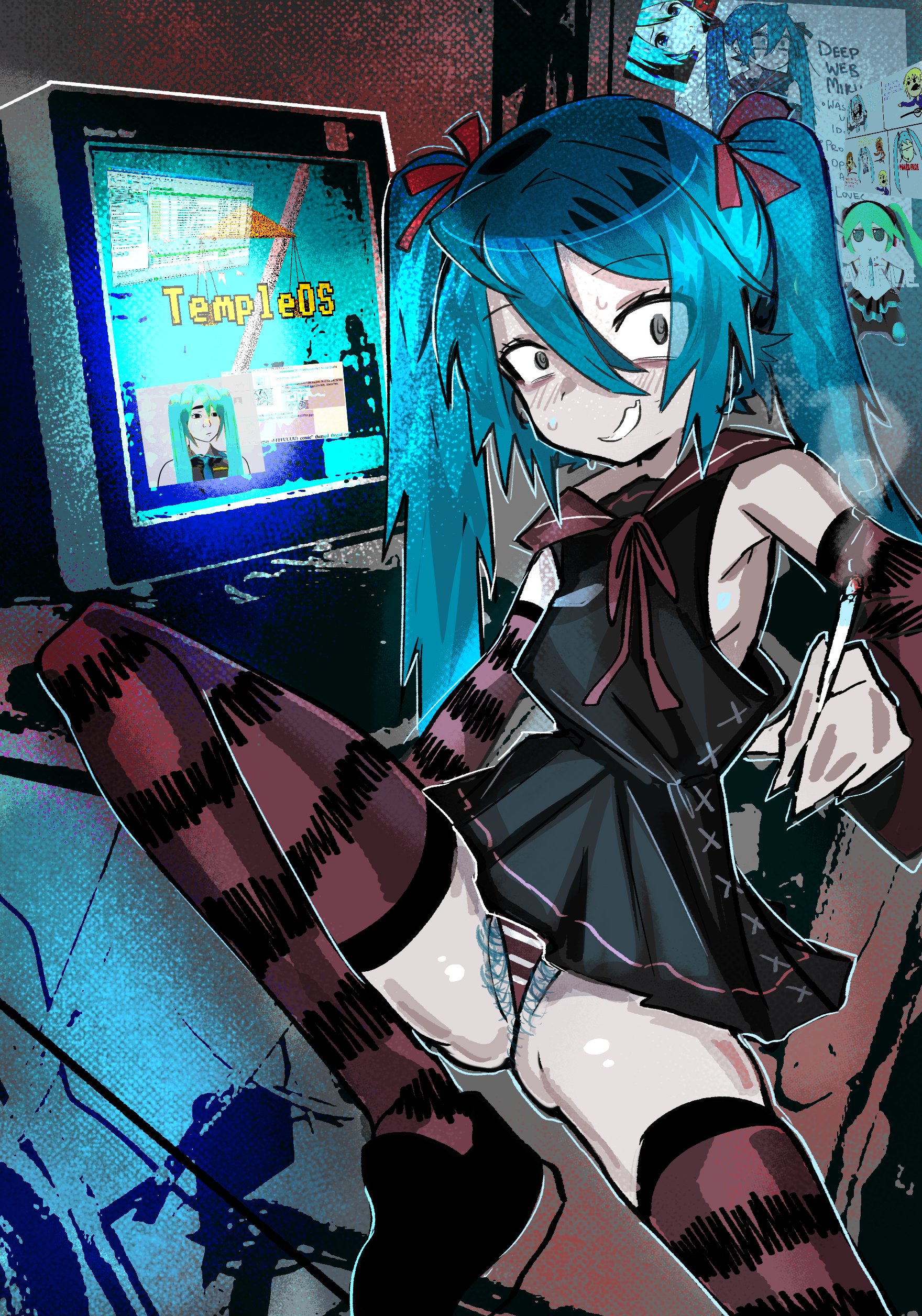1girl, 1girls, aqua hair, blue hair, blue pubic hair, blush, breasts, cigarette, clothed, clothed female, deep web miku, detached sleeves, eyebags, female, grin, hair between eyes, hair ribbon, hairy pussy, hatsune miku, hi res, holding, leg up, long hair, looking at viewer, monitor, neet, panties, pubic hair, pubic hair peek, ribbon, sideboob, skirt, smile, smoking, solo, striped, striped panties, stylus, sweat, thighhighs, twintails, underwear, upskirt, vocaloid, y2kqtz