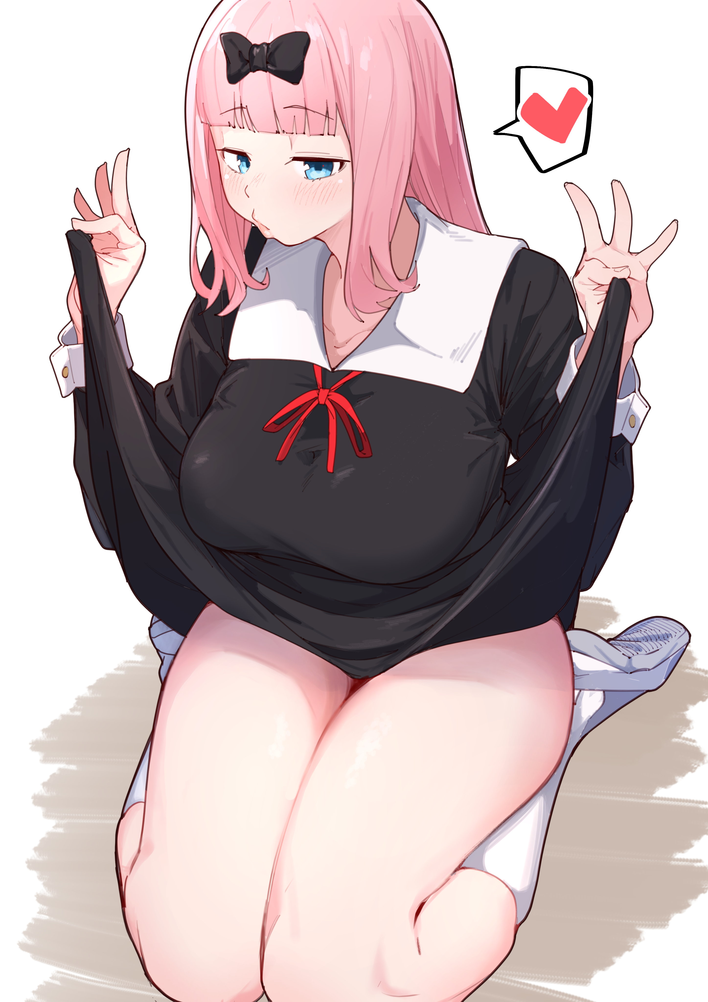 1girls, absurdres, black bow, black dress, blunt bangs, blush, bow, breasts, clothes lift, collarbone, commentary request, dress, dress lift, female, female only, fujiwara chika, full body, hairbow, heart, highres, kaguya-sama wa kokurasetai ~tensai-tachi no renai zunousen~, kneehighs, large breasts, long sleeves, neck ribbon, pink hair, re:ankh, red ribbon, ribbon, shoes, sitting, socks, solo, spoken heart, thighs, white background, white socks