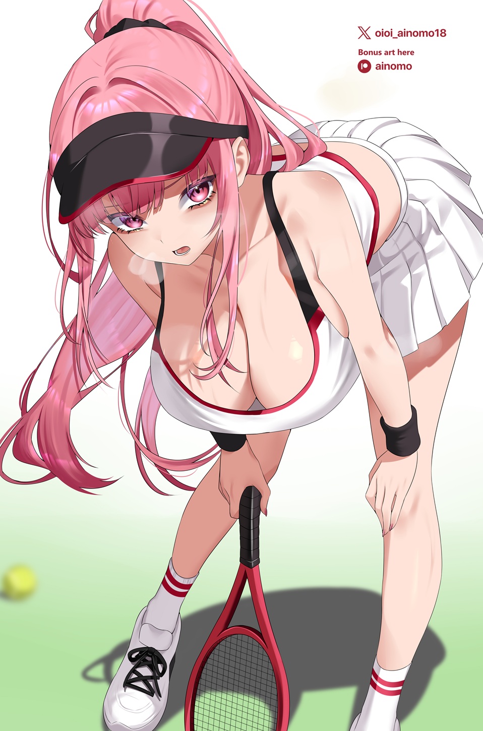 1girls, alternate costume, bent over, black hat, blunt bangs, breasts, cleavage, commentary, crop top, cropped shirt, english commentary, female, female only, full body, hand on own knee, hat, heavy breathing, high ponytail, highres, holding, holding tennis racket, hololive, hololive english, large breasts, long hair, looking at viewer, miniskirt, mori calliope, oioi ainomo, open mouth, paid reward available, pink eyes, pink hair, pleated skirt, ponytail, racket, shirt, shoes, sidelocks, skirt, sneakers, socks, solo, sportswear, straight hair, sweatband, tank top, tennis racket, tennis uniform, virtual youtuber, visor cap, white shirt, white shoes, white socks, white tank top