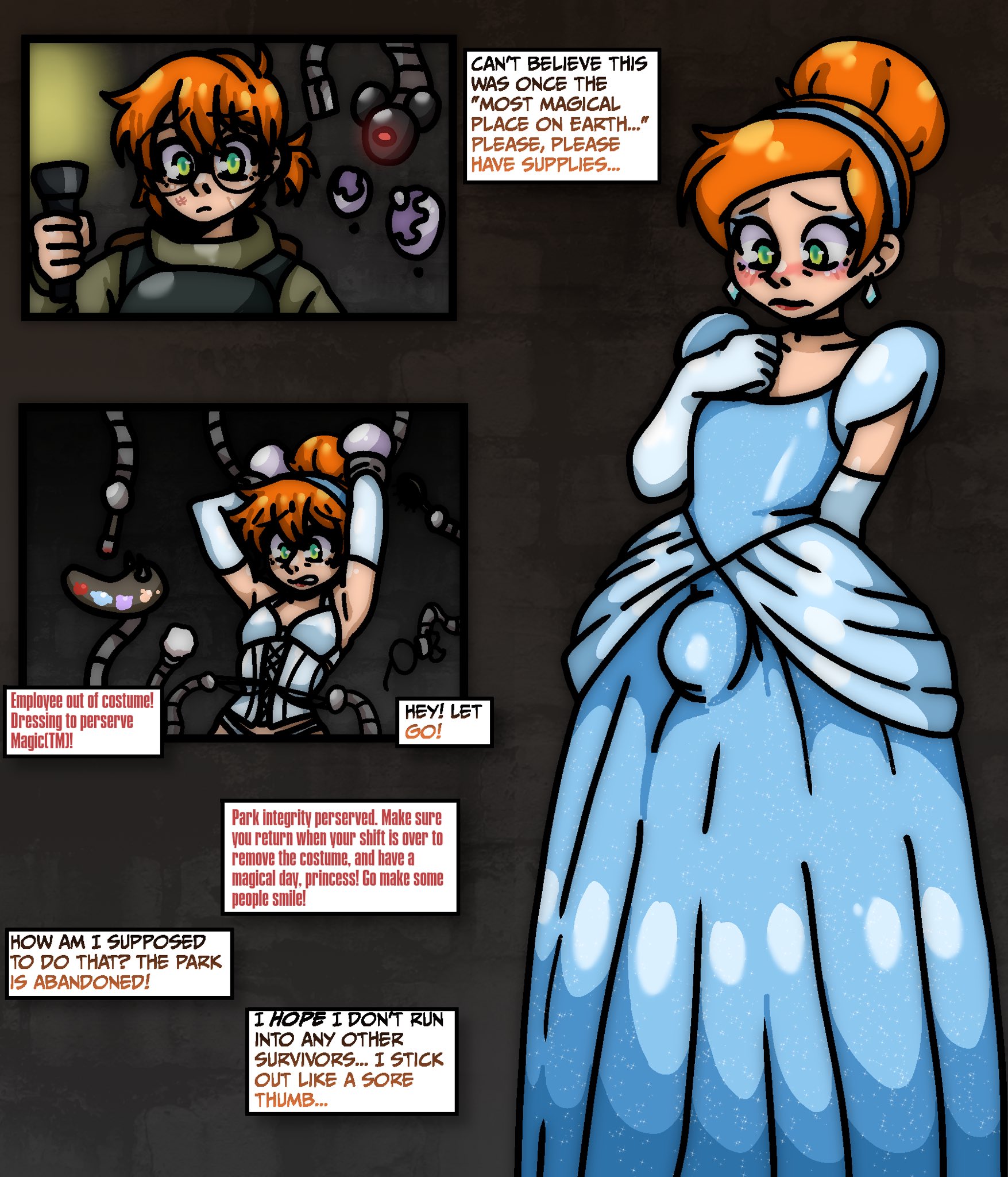 autocloset, broth nsfw, bulge through clothing, character tf, cinderella (cosplay), crossdressing, disney parks, dress, embarrassed, embarrassed expression, femboy, feminization, forced crossdressing, forced feminization, princess, princessification, transformation, transformation through technology