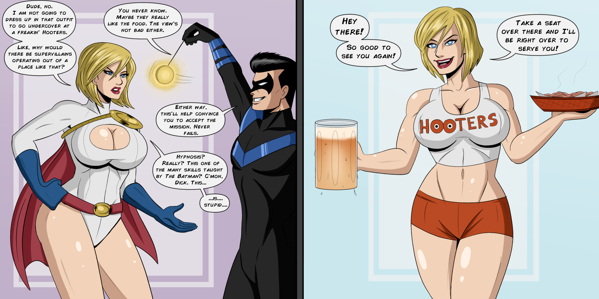 1boy, 1girls, 2026, 2d, alien, alien girl, alien humanoid, ass, belt, big ass, big breasts, black bodysuit, black outfit, blonde hair, blue eyes, bodysuit, boob window, booty, booty shorts, breasts, cape, cleavage, costume, dc, dc comics, dialogue, dick grayson, domino mask, english, english text, female, femsub, gloves, hips, hooters, hooters uniform, hourglass figure, human, human dominating, human dominating humanoid, humanoid, hypnosis, instant loss, instant loss 2koma, kryptonian, large ass, large breasts, lipstick, male, maledom, mask, masked, masked male, midriff, midriff baring shirt, mind control, navel, nightwing, pendulum, polmanning, power girl, red lipstick, service, service slave, serving food, serving tray, shiny, shiny skin, shorts, simple background, speech bubble, superman (series), text, thick, thick thighs, toned, toned body, toned female, toned stomach, two-tone background, wide hips, words