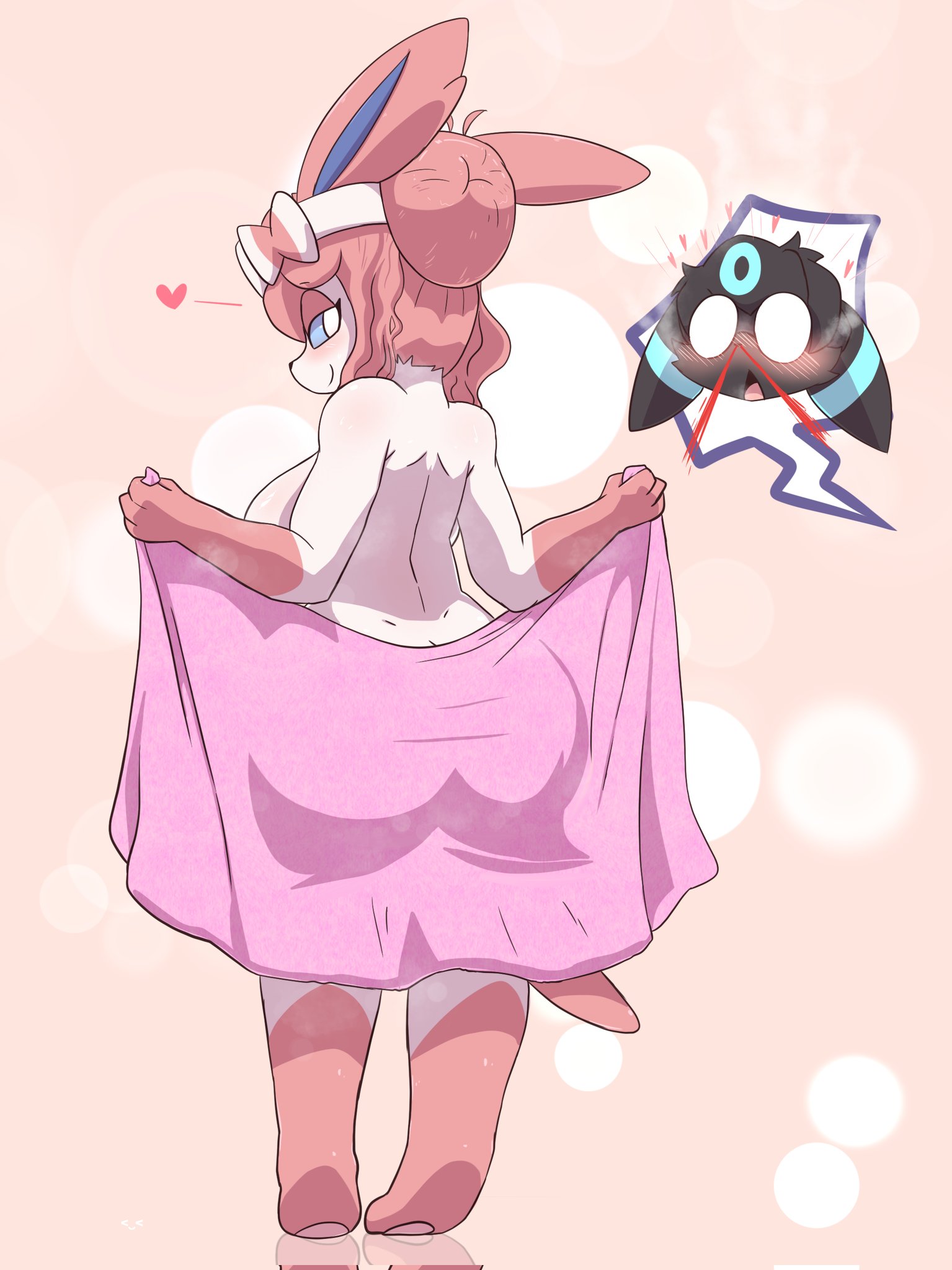 1girls, 4 fingers, anthro, back view, barefoot, big breasts, blood, bloody nose, blush, bowtie, breasts, covering, creatures (company), eeveelution, exposed back, female, female focus, game freak, generation 2 pokemon, generation 6 pokemon, hair bun, heart, hips, lazegil, multicolored body, nintendo, nose, nosebleed, oreon smol, pink hair, pink tail, pokémon (species), pokemon, pokemon (species), pokemon gsc, pokemon xy, posing, ribbon, simple background, summer (oreon smol), sylveon, thick thighs, thighs, towel, umbreon, wide hips