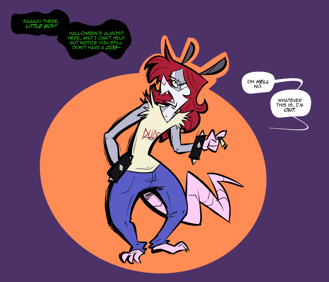 anthro clothing dialogue didelphid english_text halloween holding_cigarette holidays male mammal marsupial opossum purple_background red_hair robin_(rusheloc) rusheloc sequence solo toony wrist_cuffs