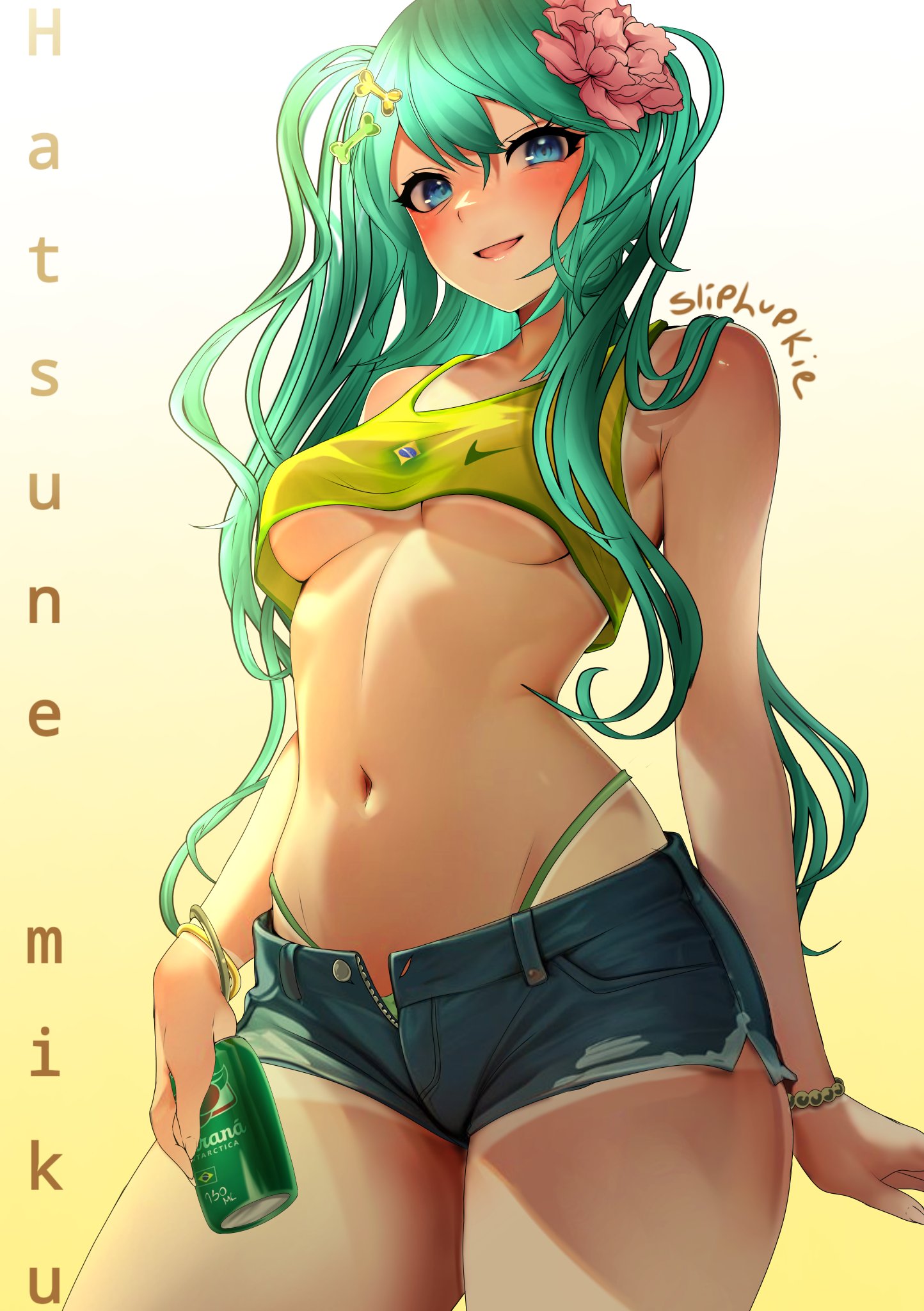:d, 1girl, 1girls, 2020s, 2024, alcohol, aqua hair, artist name, bangs, bare shoulders, blue eyes, blue hair, blush, bracelet, brazil, brazilian, brazilian female, brazilian miku, breasts, can, character name, cleavage, cowboy shot, crop top, denim, denim shorts, drink, english text, female, female only, flower, flower in hair, gradient, gradient background, hair between eyes, hair flower, hair ornament, hatsune miku, highleg, highleg panties, highres, holding, holding can, jean shorts, jewelry, latin american hatsune miku (meme), long hair, looking at viewer, medium breasts, midriff, navel, open fly, open mouth, open shorts, panties, short shorts, shorts, skimpy, skimpy bikini, skimpy clothes, sliplupkie, small breasts, smile, solo, standing, stomach, tan, tan skin, tank top, tanline, tanlines, tanned, tanned female, tanned skin, text, thighs, thong, twintails, underboob, underwear, very long hair, vocaloid, watermark, yellow background