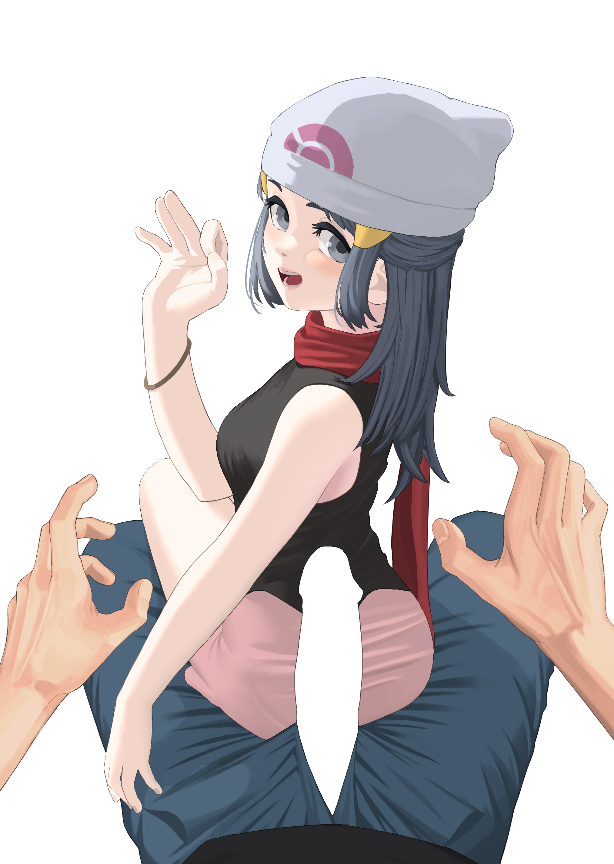 1boy, 1girls, beanie, blush, censor bar, censored, censored penis, dawn (pokemon), erection, game freak, hair ornament, hat, jewelry, long hair, looking at viewer, looking back, nintendo, open mouth, out of frame, pokemon, pokemon dppt, pov, red scarf, scarf, sitting on person, skirt, sleeveless, solo focus, striped, striped background, takita (morokosi8)