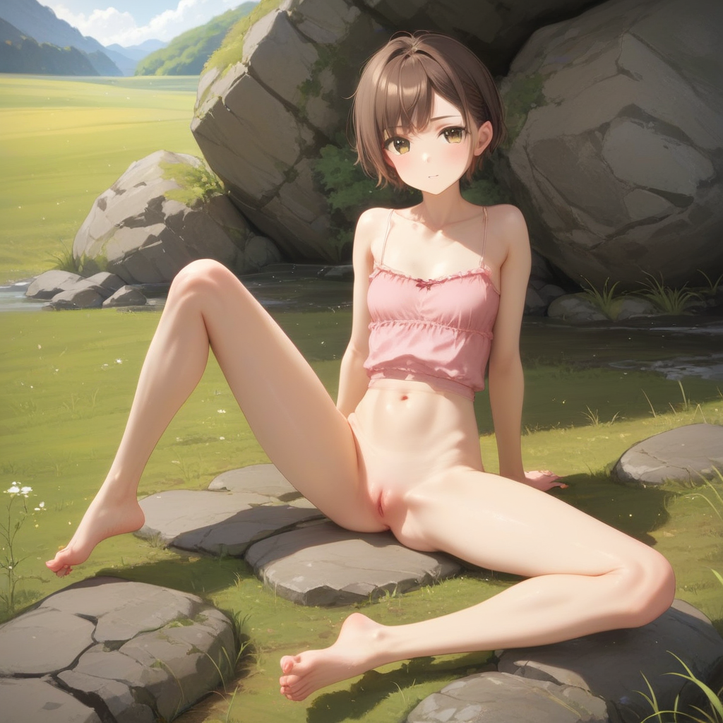 ai_generated bottom_nude brown_hair camisole female nature outside short_hair sitting skinny_waist spread teen