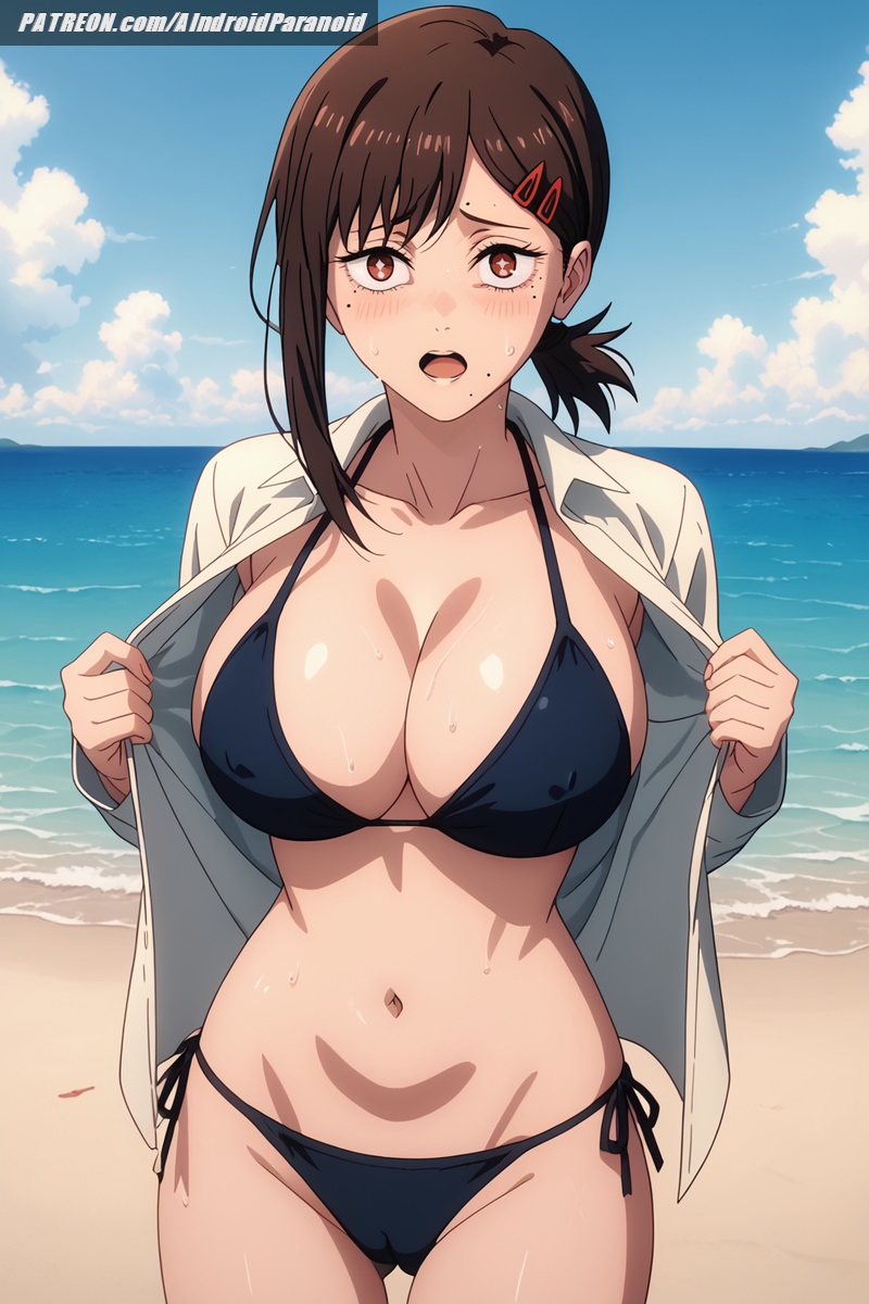 ai generated, aindroidparanoid, ass, beach, big breasts, bikini, breasts, brown eyes, brown hair, cameltoe, chainsaw man, curvy, curvy figure, female, female only, higashiyama kobeni, hips, huge breasts, kobeni higashiyama, navel, nervous, nipples, open mouth, outdoors, ponytail, pussy, scared, shirt, short hair, stable diffusion, sweatdrop, swimsuit, thick thighs, wide hips