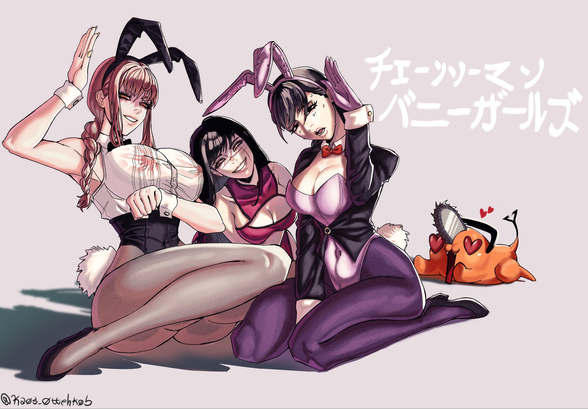 3girls, big breasts, breasts, bunny ears, bunnysuit, chainsaw man, chinese clothes, cleavage, female, female focus, female only, heart, kaos ottehkob, makima (chainsaw man), mitaka asa, nipple bulge, nipples visible through clothing, pantyhose, pochita (chainsaw man), see-through clothing, thick thighs, yoru (chainsaw man)