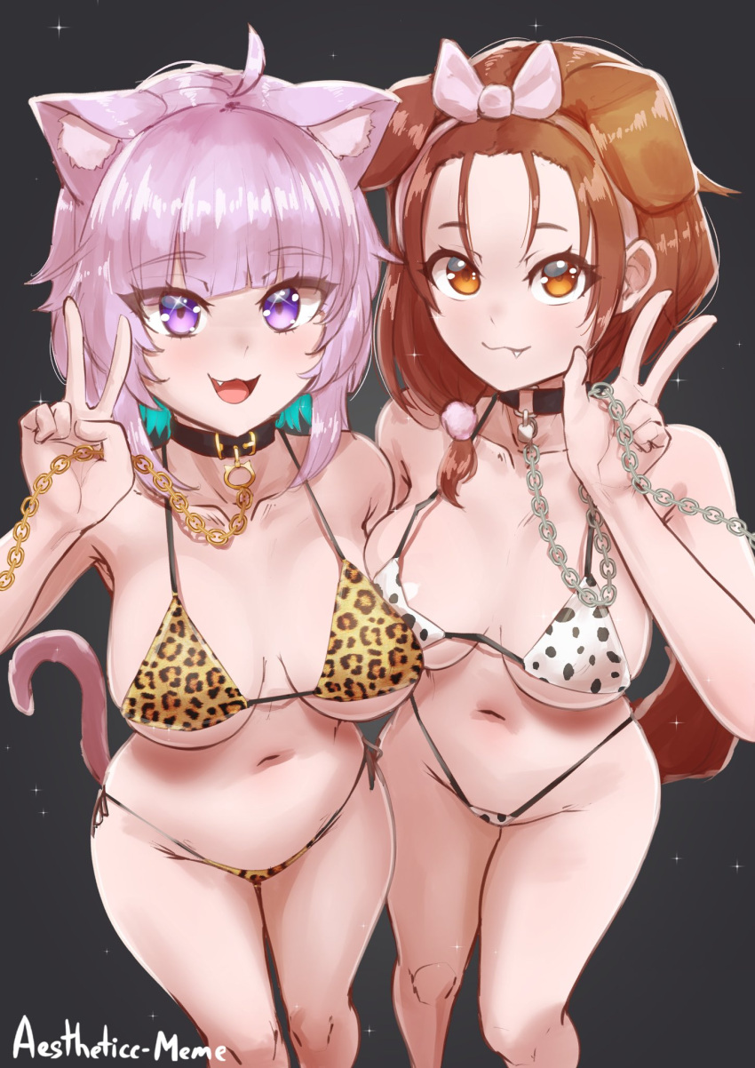 2girls :3 aestheticc-meme ahoge animal_collar animal_ears animal_print artist_name bangs_pinned_back bikini black_background bone bow bra breasts brown_eyes brown_hair cat_ears cat_tail catgirl chains choker cleavage collar collarbone cowboy_shot cute_fang dog_ears dog_girl dog_tail eyebrows_visible_through_hair eyelashes eyes_visible_through_hair female gold_chain hair_ornament hairbow hazel_eyes highres holding holding_chain hololive hololive_gamers hololive_japan inugami_korone kemonomimi knees large_breasts leopard_print long_hair looking_at_viewer low-tied_long_hair medium_breasts multiple_girls nekomata_okayu oerba_yun_fang purple_eyes purple_hair smile starry_background tail thighs underwear virtual_youtuber