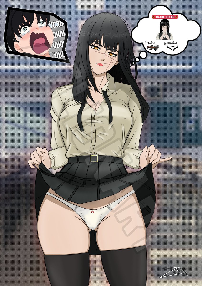 black_hair chainsaw_man csm digital_media_(artwork) meme meme_reference mitaka_asa scar scar_on_face school school_uniform skirt skirt_lift skirt_up white_panties yellow_eyes yoru_(chainsaw_man) zelionart