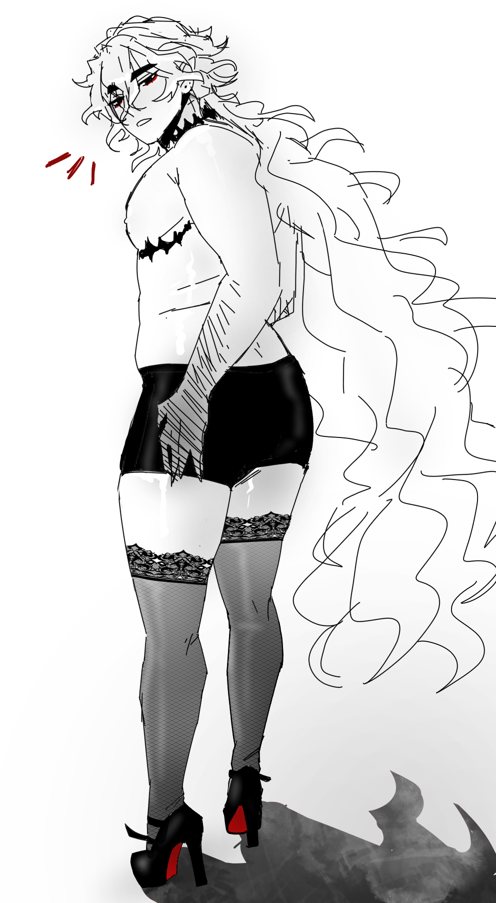 1boy androgynous ass_bigger_than_head big_ass_(male) boxers chubby chubby_male curvy curvy_male feminine_male high_heels lace-trimmed_thighhighs long_hair mastectomy_scar phantomeros pin_up stockings thick_thighs thighhighs thighs vampire