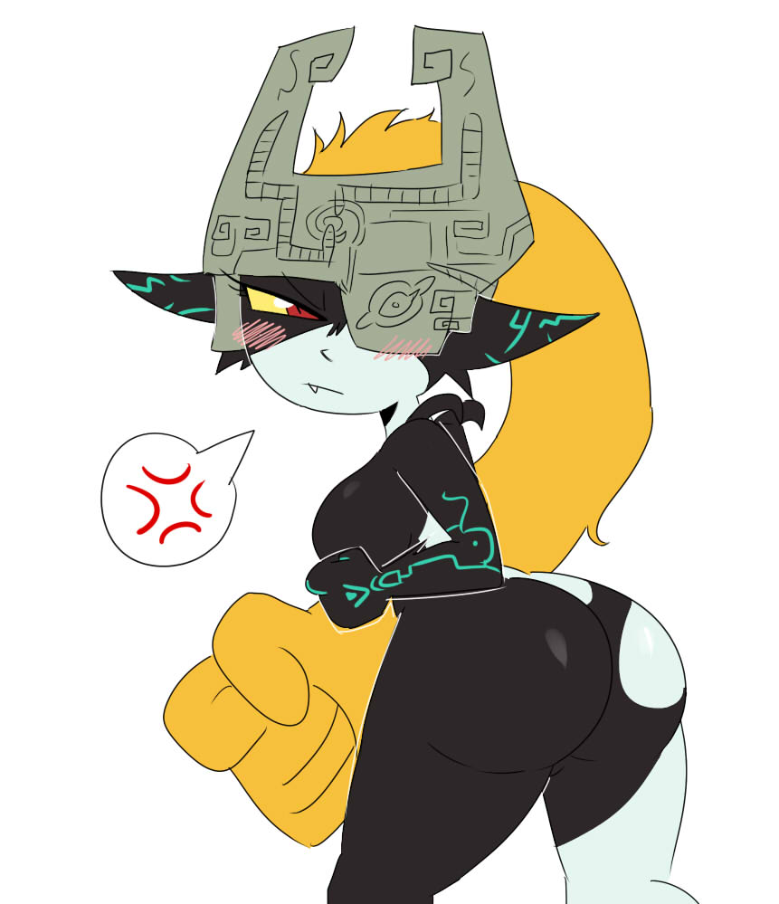 1girls, anger vein, ass, back view, big ass, blush, body markings, breasts, clenched fist, curvy, cute fang, eyelashes, female, female focus, female only, helmet, huge ass, imp, imp midna, jinu, large breasts, long hair, looking back, midna, nintendo, orange hair, pointy ears, pose, prehensile hair, red eyes, shortstack, sideboob, solo, solo female, solo focus, standing, the legend of zelda, twilight princess, very long hair, white background, yellow sclera