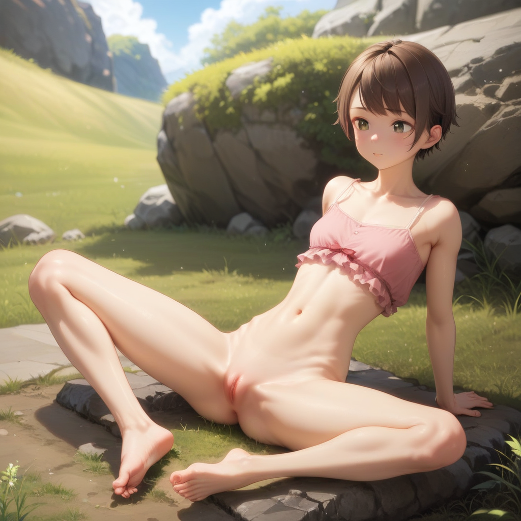 ai_generated bottom_nude brown_hair camisole female nature outside short_hair sitting skinny_waist spread teen