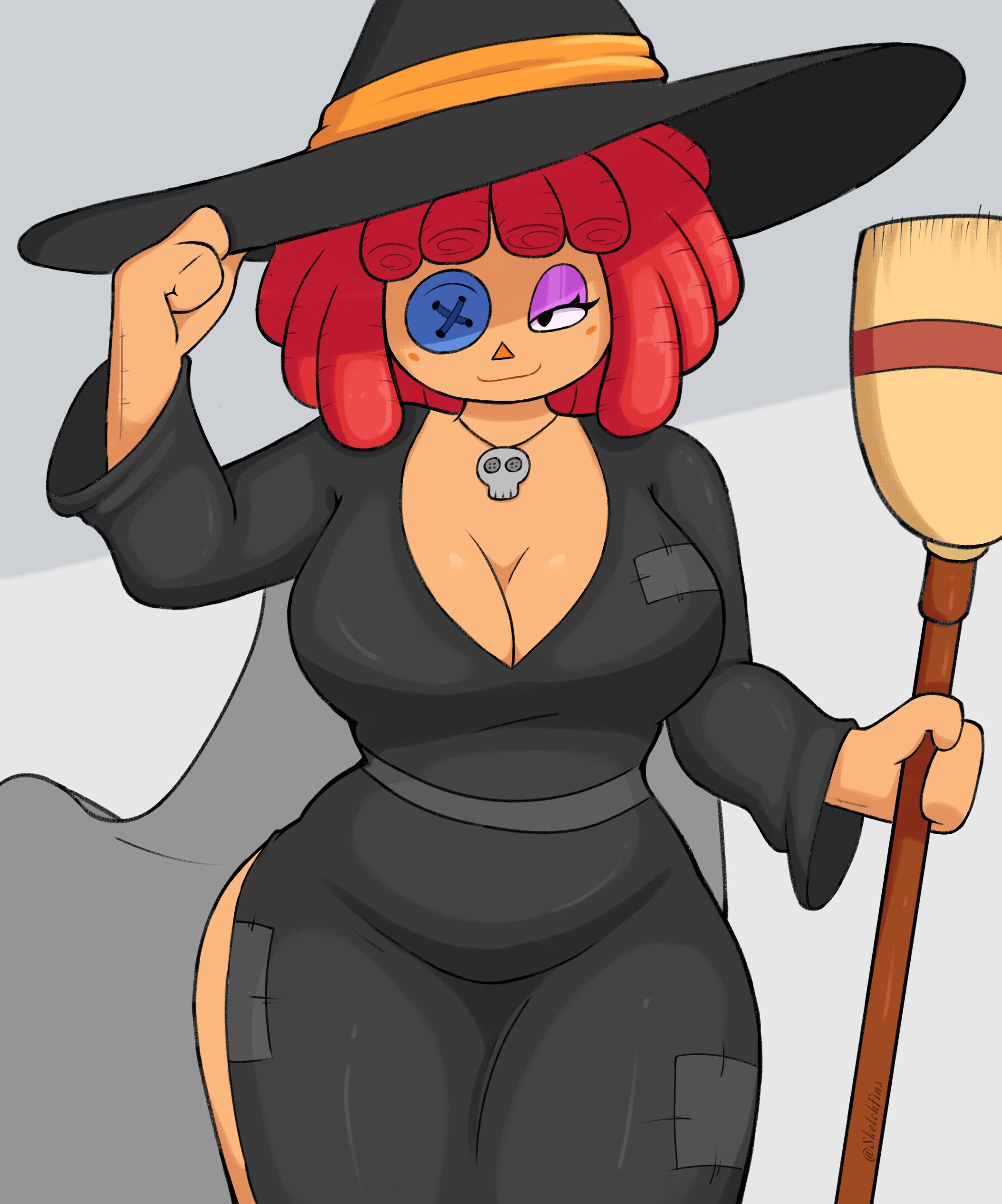 :3, 1girls, background, big breasts, breasts, broom, busty, button eye, cape, cleavage, costume, eyeshadow, female, front view, glitch productions, gooseworx, halloween, halloween costume, halloween theme, holding object, large breasts, looking at viewer, messy hair, milf, pov, ragatha (the amazing digital circus), red hair, shaded, sketchfins, skull necklace, smug, solo, stitched clothing, the amazing digital circus, thick thighs, thigh visible, thighs, tipping hat, viewed from front, witch, witch hat