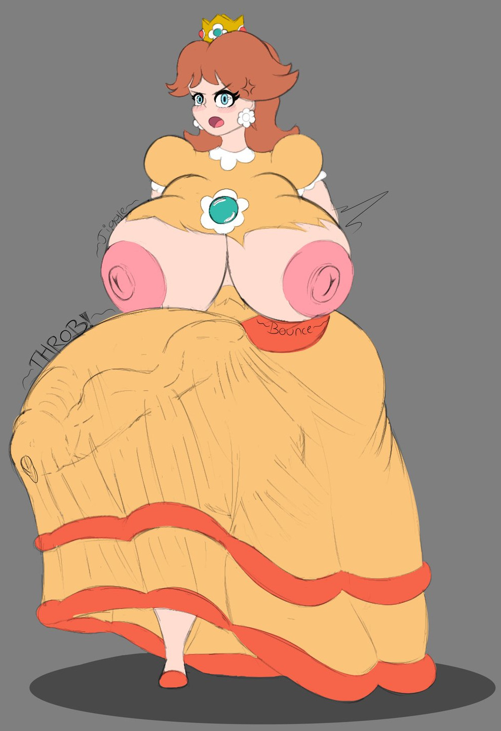1futa, angry, balls, blizynx, breasts, breasts bigger than head, erection under clothes, futanari, hyper, hyper balls, hyper breasts, hyper penis, intersex, mario (series), penis, penis longer than knee, princess daisy, short hair, solo futa, tagme, throbbing penis