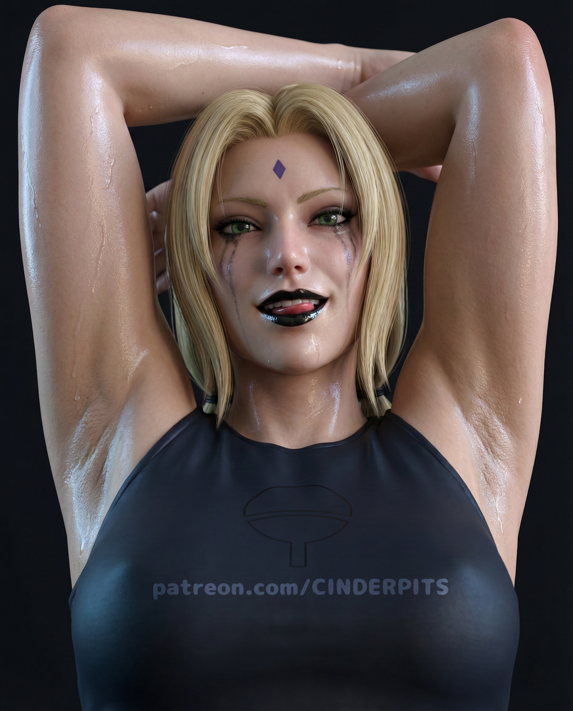 1girls, 3d, 3d (artwork), 3d model, 3d render, ai generated, armpit, armpit fetish, armpits, arms behind back, arms up, bikini, black lipstick, breasts, cinderpits, detailed, detailed background, female, goth, goth girl, gothic girl, mature female, mature woman, milf, naruto, naruto (series), naruto shippuden, realistic, realistic textures, self upload, smug, smug face, solo, solo female, solo focus, sweat, sweatdrop, sweating, sweaty, sweaty armpits, sweaty body, sweaty breasts, tight clothing, tight fit, tsunade, tsunade senju, wallpaper