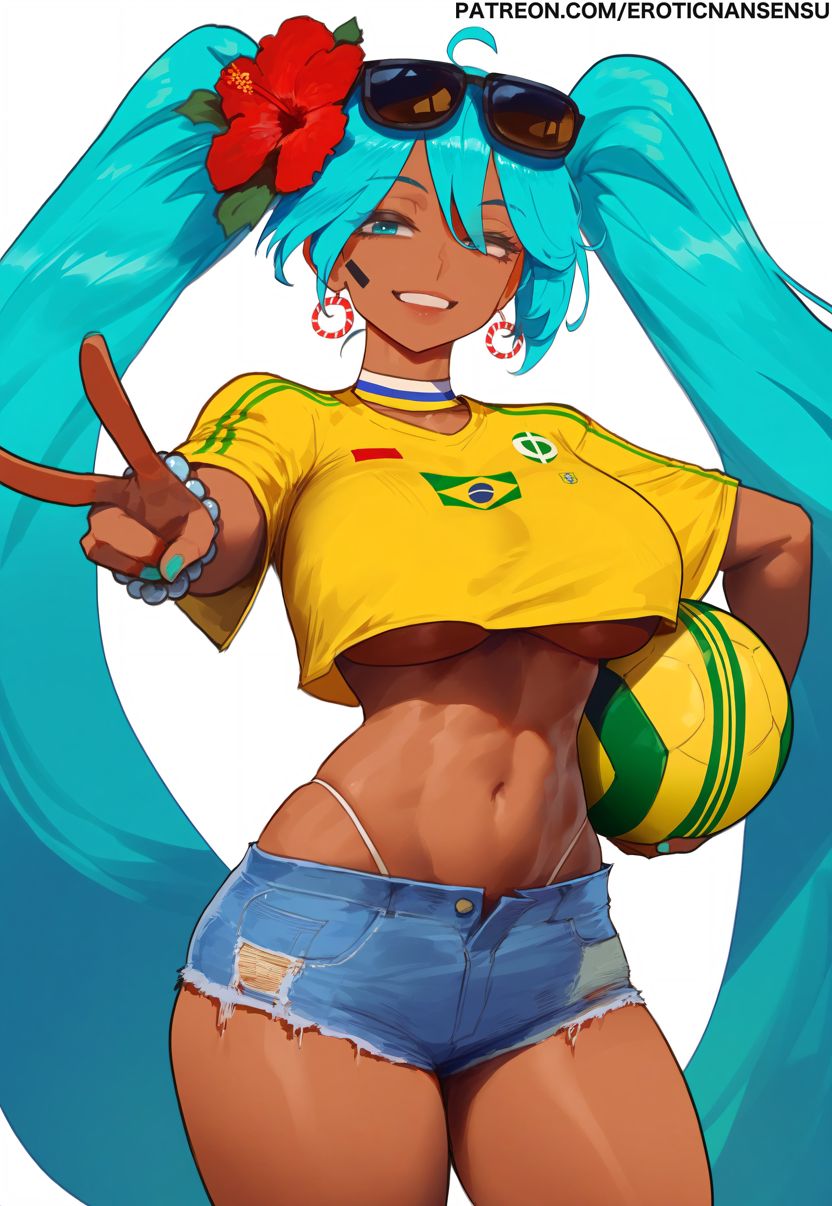 1girls ai_assisted ai_generated aqua_eyes aqua_hair ass bead_bracelet big_ass big_breasts big_thighs brazil brazilian brazilian_female brazilian_flag brazilian_miku breasts butt choker crop_top cyan_eyes cyan_hair dark-skinned_female dark_skin denim_shorts earrings erotic_nansensu female female_only hair_flower hatsune_miku huge_breasts latin_american_hatsune_miku_(meme) long_hair looking_at_viewer midriff peace_sign shirt shorts simple_background soccer soccer_ball soccer_uniform solo sunglasses sunglasses_on_head tagme tan tan_body thick_hips thick_thighs thighs thong twintails underboob vocaloid voluptuous white_background yellow_shirt