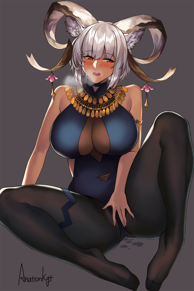 alternate_costume anationkgt animal_ear_fluff animal_ears arknights armlet artist_name ass black_one-piece_swimsuit black_pantyhose blush breasts carnelian_(arknights) carnelian_(shimmering_dew)_(arknights) cleavage clothing_cutout curled_horns dark-skinned_female dark_skin dripping feet female full_body goat_ears goat_girl goat_horns grey_background hand_on_own_crotch heavy_breathing highres horn_ornament horns jewelry large_breasts looking_to_the_side navel_cutout necklace official_alternate_costume one-piece_swimsuit open_mouth pantyhose pantyhose_under_swimsuit pussy_juice pussy_juice_stain pussy_juice_trail red_eyes short_hair signature sitting swimsuit teeth thick_thighs thigh_strap thighs upper_teeth_only usekh_collar visible_air