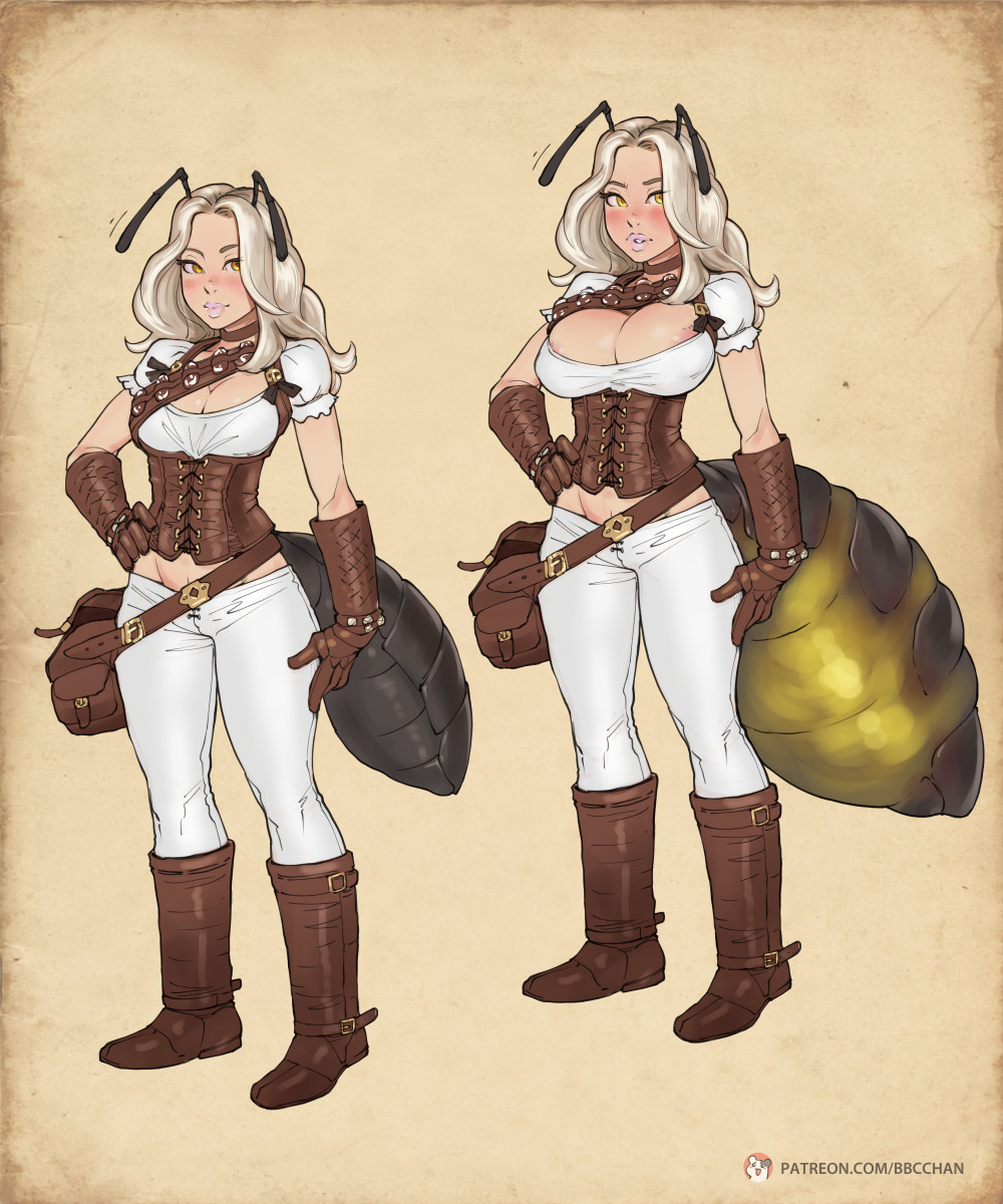 1girls, antennae, bag, bbc-chan, bimbo, blonde hair, boots, breast expansion, breast growth, breast growth (enlargement), breasts, choker, cleavage, clothed, clothing, corset, female, female only, gloves, insect girl, insects, large breasts, model sheet, silver hair, simple background, solo, transformation, yellow eyes