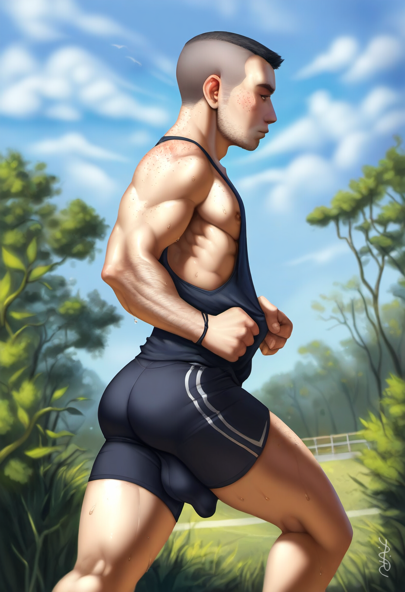 1boy 2024 abs ai_generated athletic_male avaru black_hair bulge bulge_through_clothing dark_hair human human_only jogging jogging_outfit loose_clothes loose_shirt male male_focus male_only muscular muscular_male nipples running short_shorts shorts singlet sporty tagme undercut