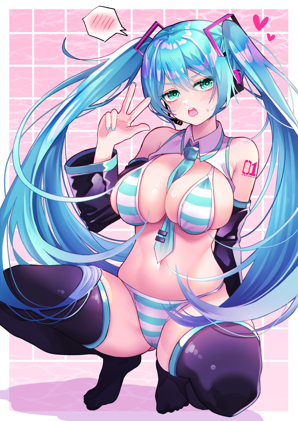 bikini black_thighhighs blue_eyes blue_hair breasts cameltoe cleavage detached_sleeves embarrassed female full_body gluteal_fold hatsune_miku hatsune_miku_(collared_bikini) highres huge_breasts i-nn looking_at_viewer meme_attire nail_polish navel necktie one_knee_up painted_nails peace_sign solo spoken_blush spread_legs squatting striped_bikini striped_clothes swimsuit thighhighs toes twintails v v-shaped_eyebrows vocaloid