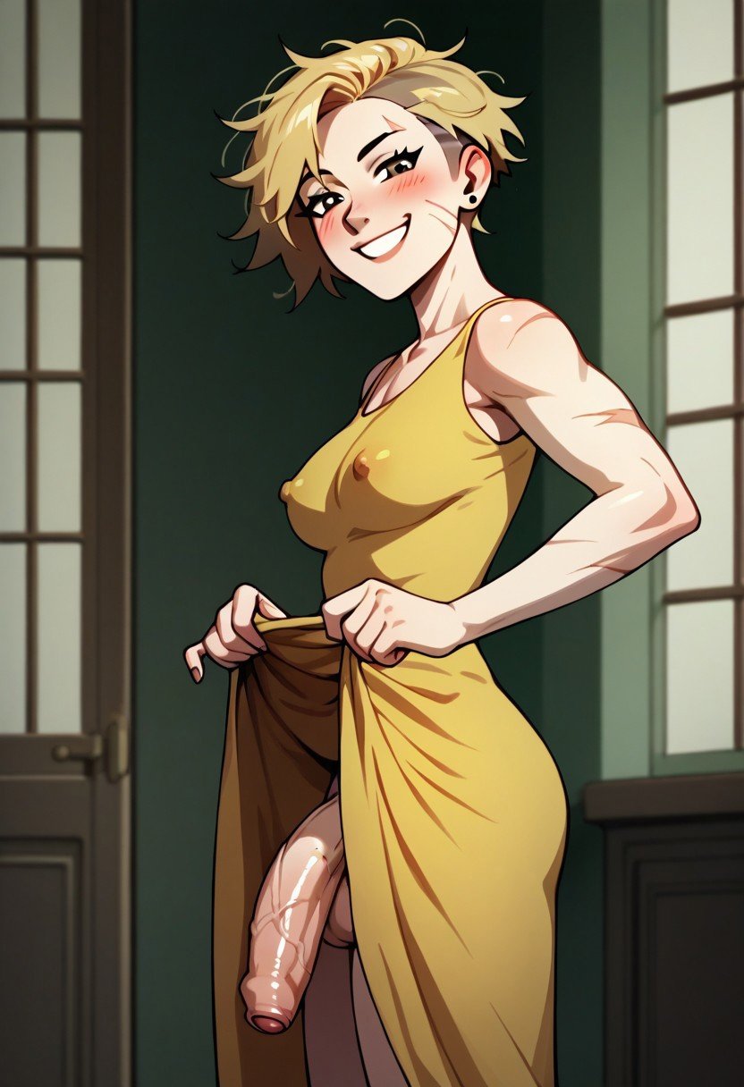 1futa ai_generated big_penis blonde_futa blonde_hair blush blushing_at_viewer brown_eyes dress dress_lift earrings erect_nipples erect_nipples_under_clothes flaccid flaccid_cock flaccid_penis foreskin futa_only futanari genderswap_(mtf) huge_cock hunter_(the_owl_house) lanky large_penis light-skinned_futanari light_skin looking_at_viewer male_to_futa messy_hair no_panties no_underwear presenting presenting_penis rule_63 scar scar_on_face scars scars_all_over scars_on_arm self_upload skinny small_breasts smex_haver smile smiling smiling_at_viewer sundress the_owl_house uncut undercut veiny_penis yellow_dress