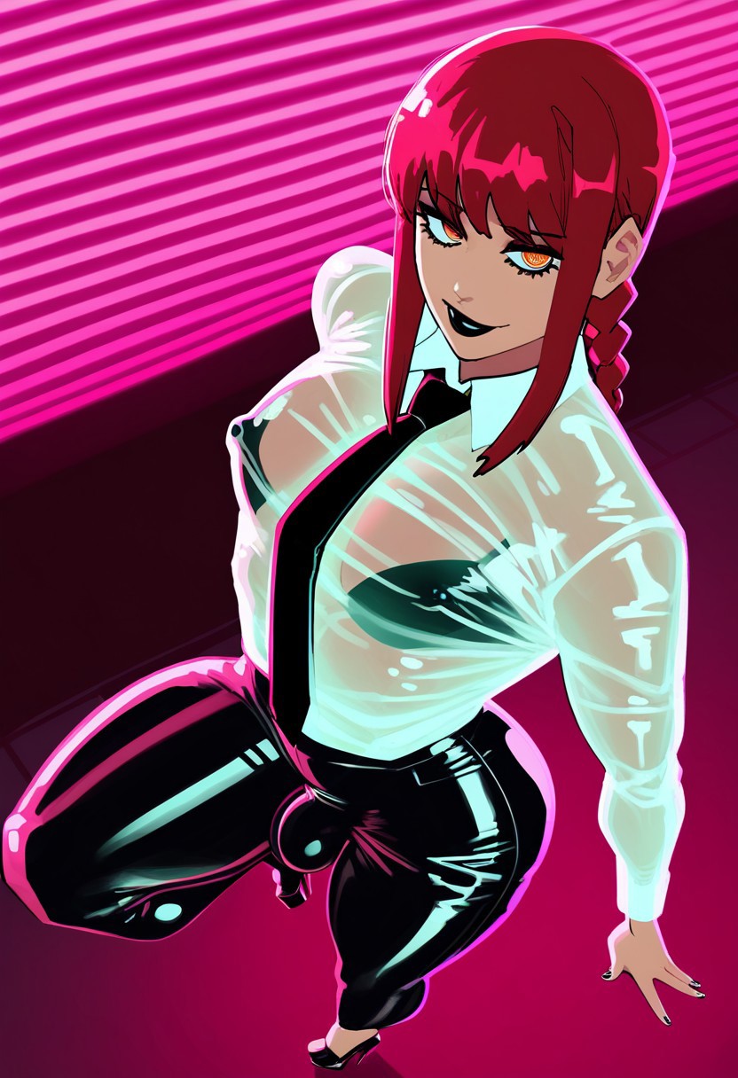 ai generated, chainsaw man, female, femboy, heels, latex, makima (chainsaw man), male, neon lights, nikolgreen, red hair, see-through clothing